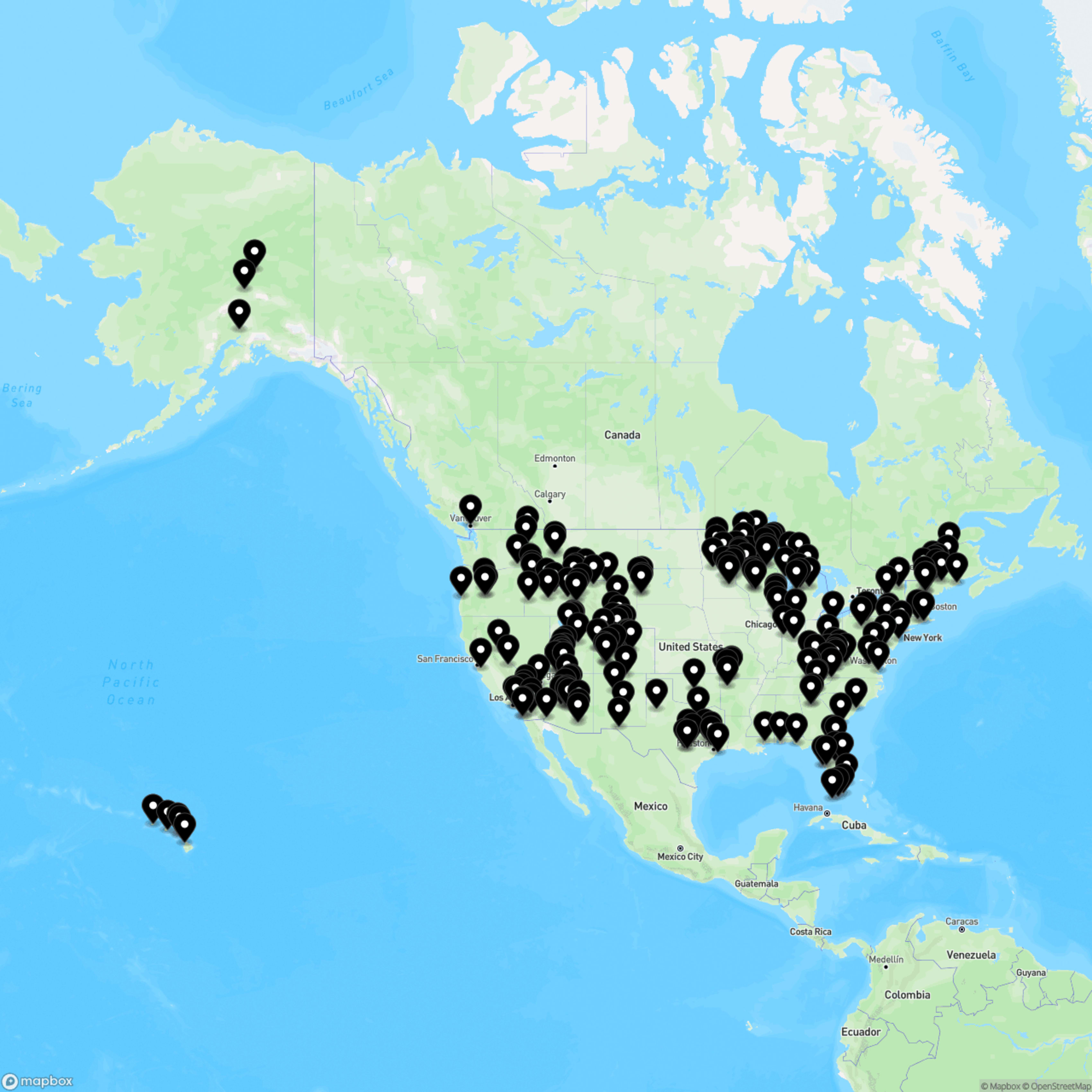 Map showcasing the locations of Polaris Select Adventure rental locations across the United States, indicating the widespread availability of off-road and recreational vehicle experiences.