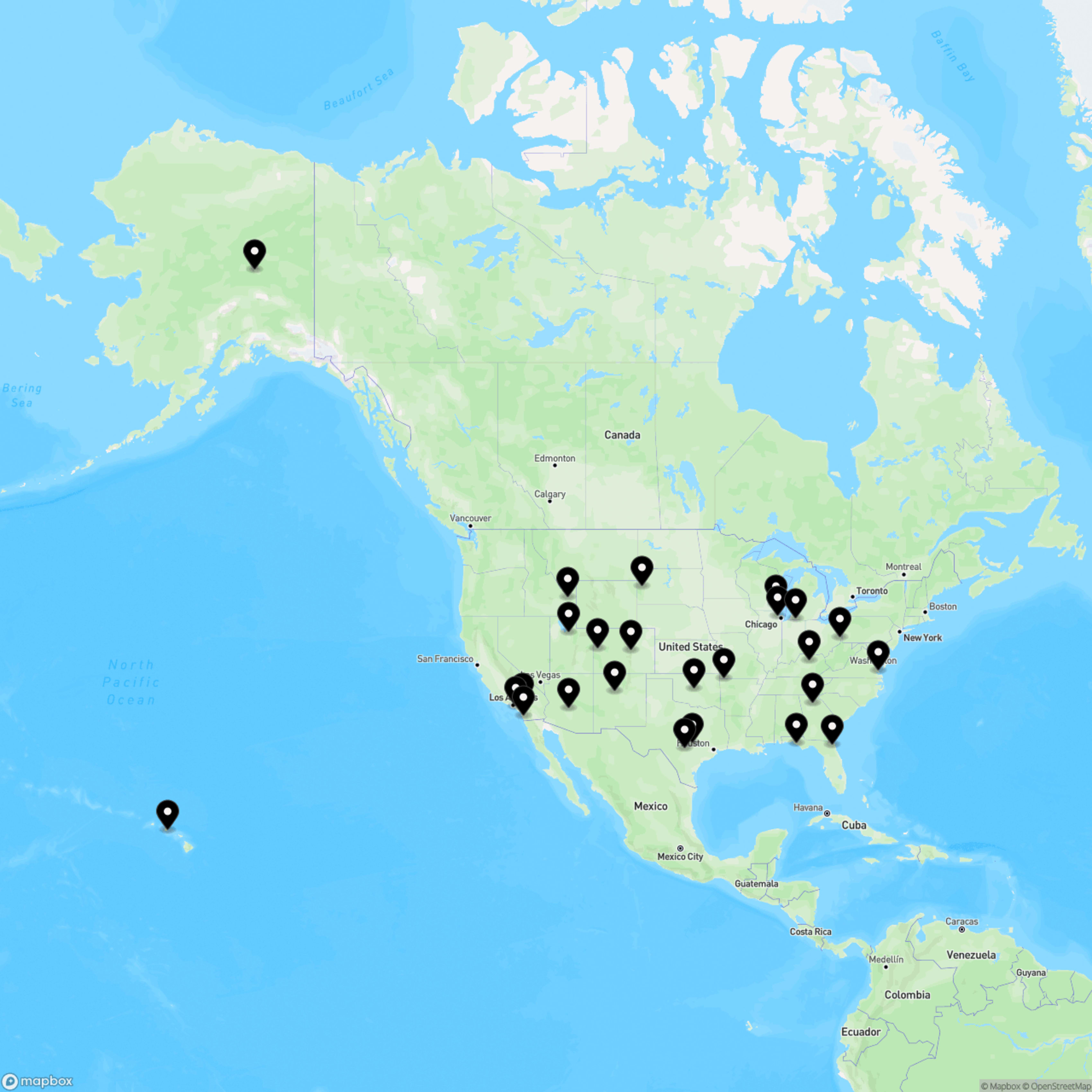 A map of the United States showing locations of Indian Motorcycle rentals with marked points in various states.