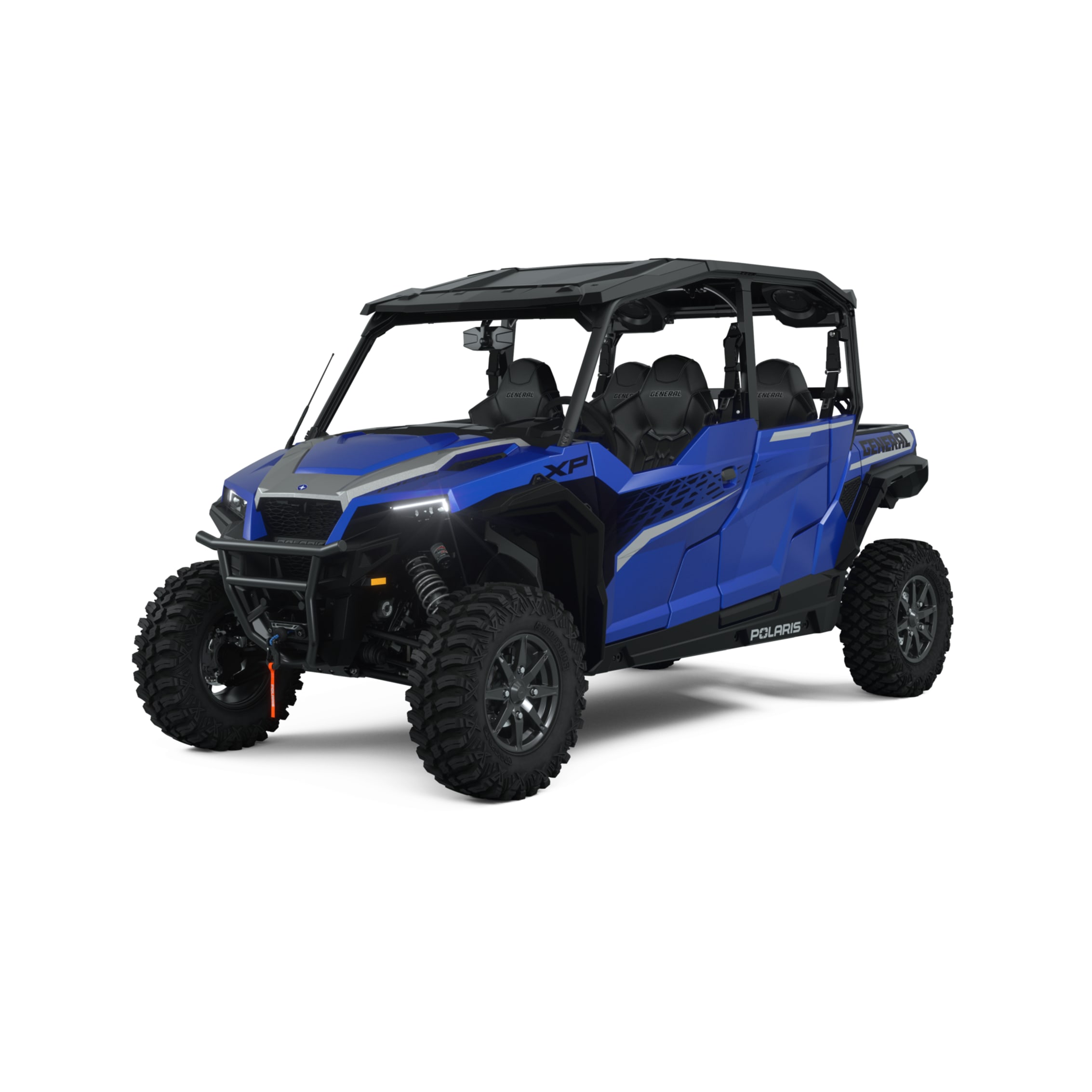 Bright blue Polaris General XP 1000 four-seater with cargo bed and off-road capabilities, isolated on white.