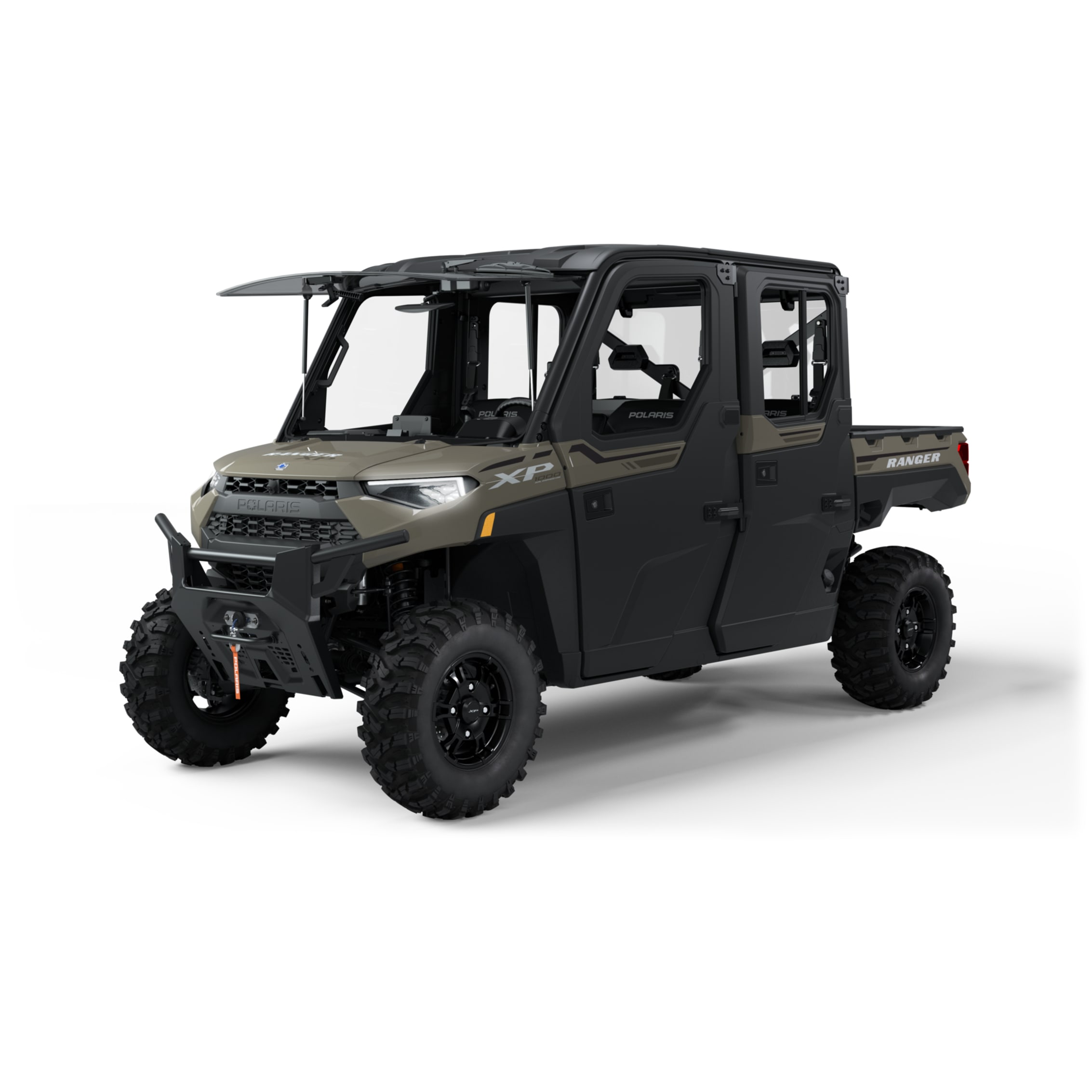 Polaris Ranger XP 1000 utility vehicle in dark gray with protective cab and cargo bed, designed for rugged use.
