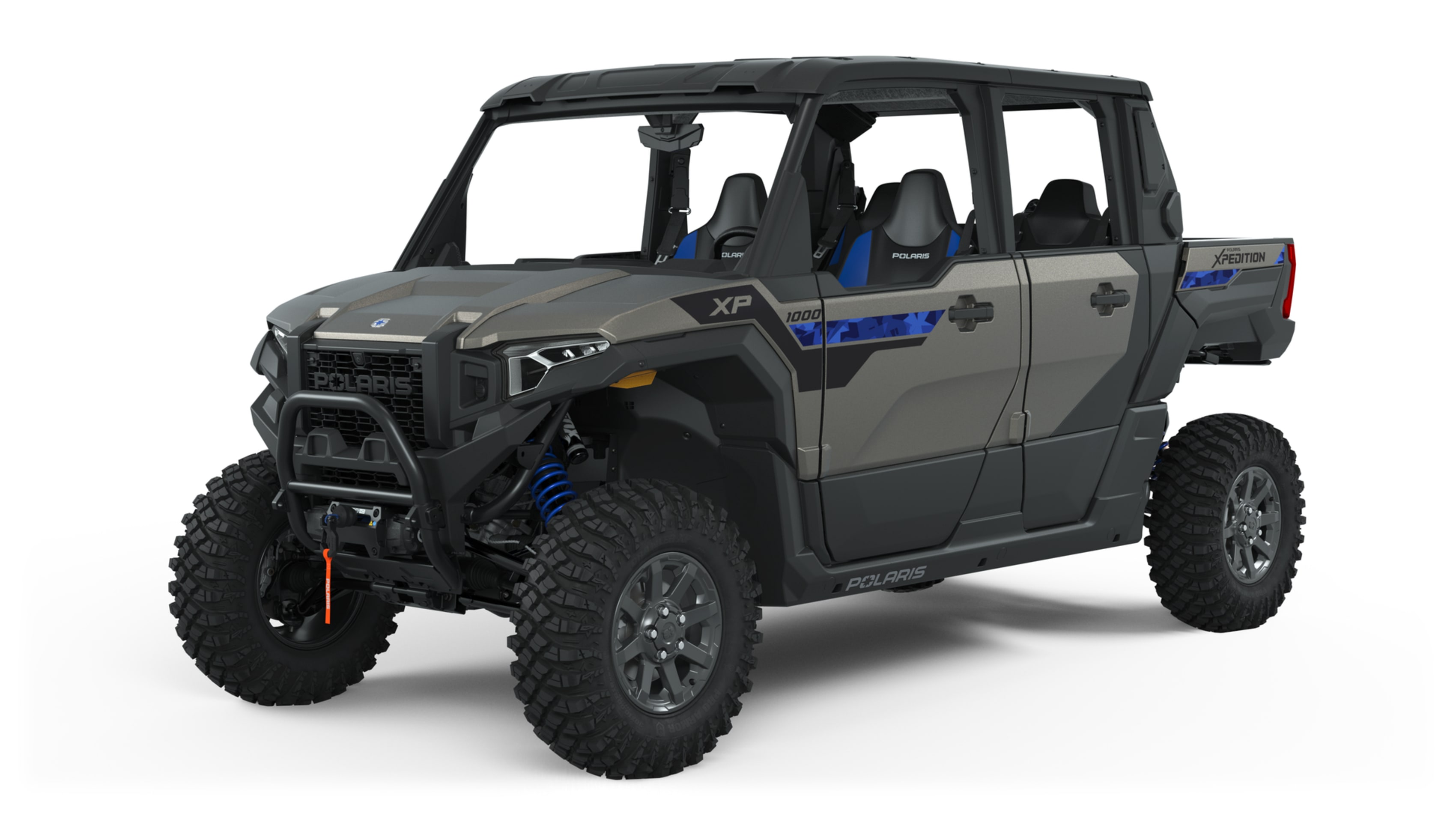 Four-seater utility vehicle in gray with blue accents, featuring off-road tires and rugged design