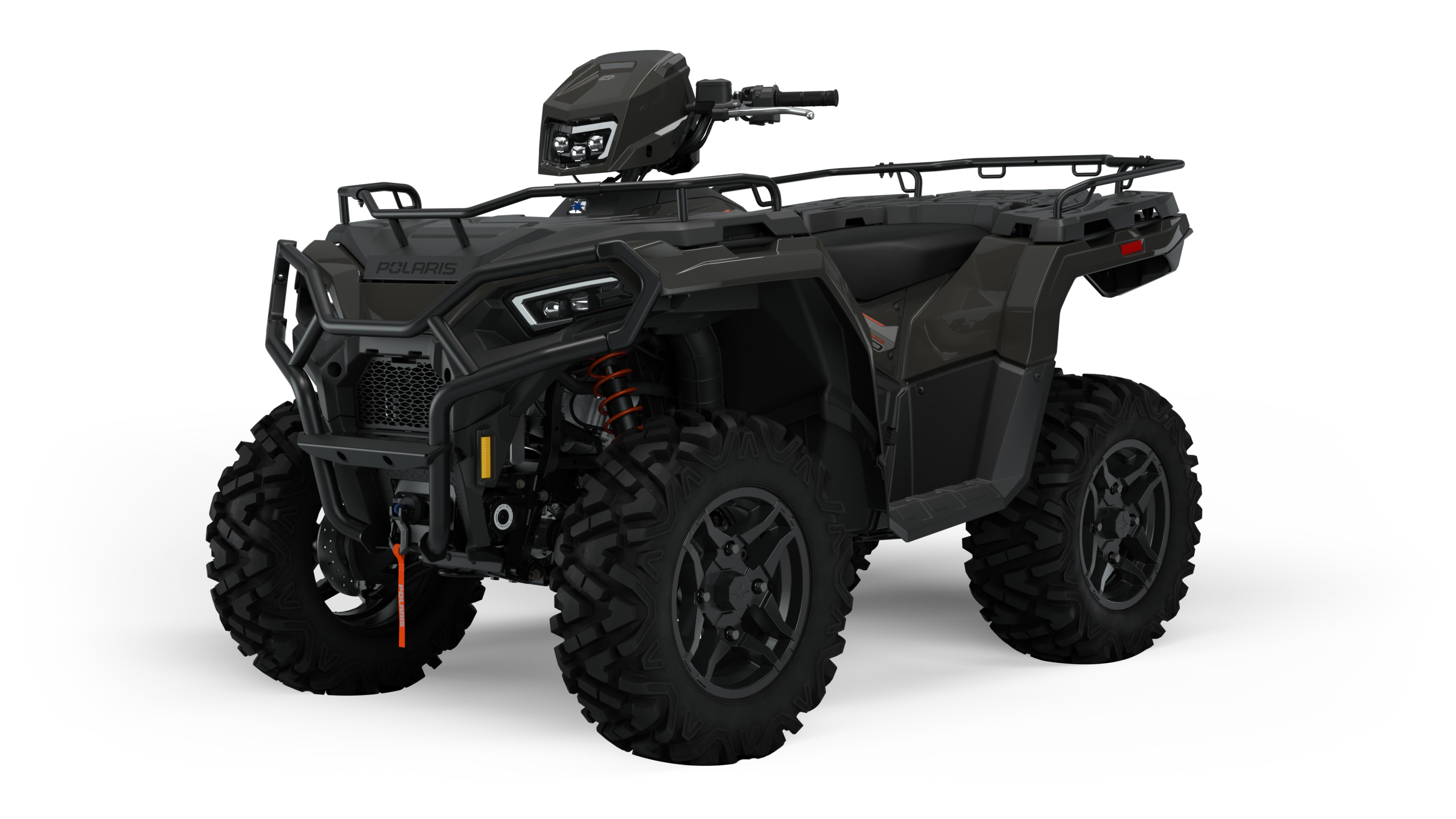A black Polaris Sportsman ATV designed for family outdoor adventures on rugged terrain