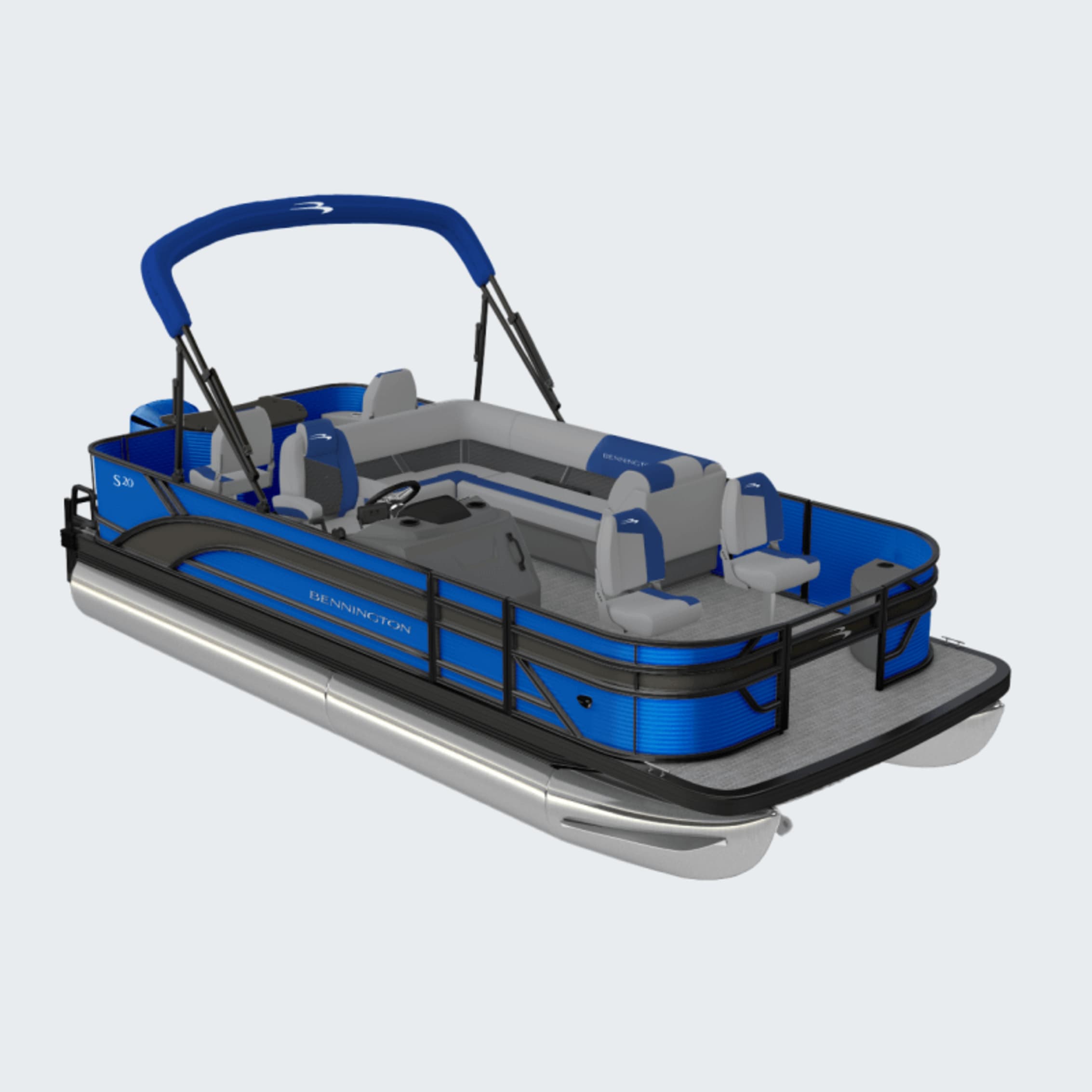 A stylish blue and gray Bennington pontoon boat with a curved sun canopy and ample seating, designed for relaxation and comfort on the water.