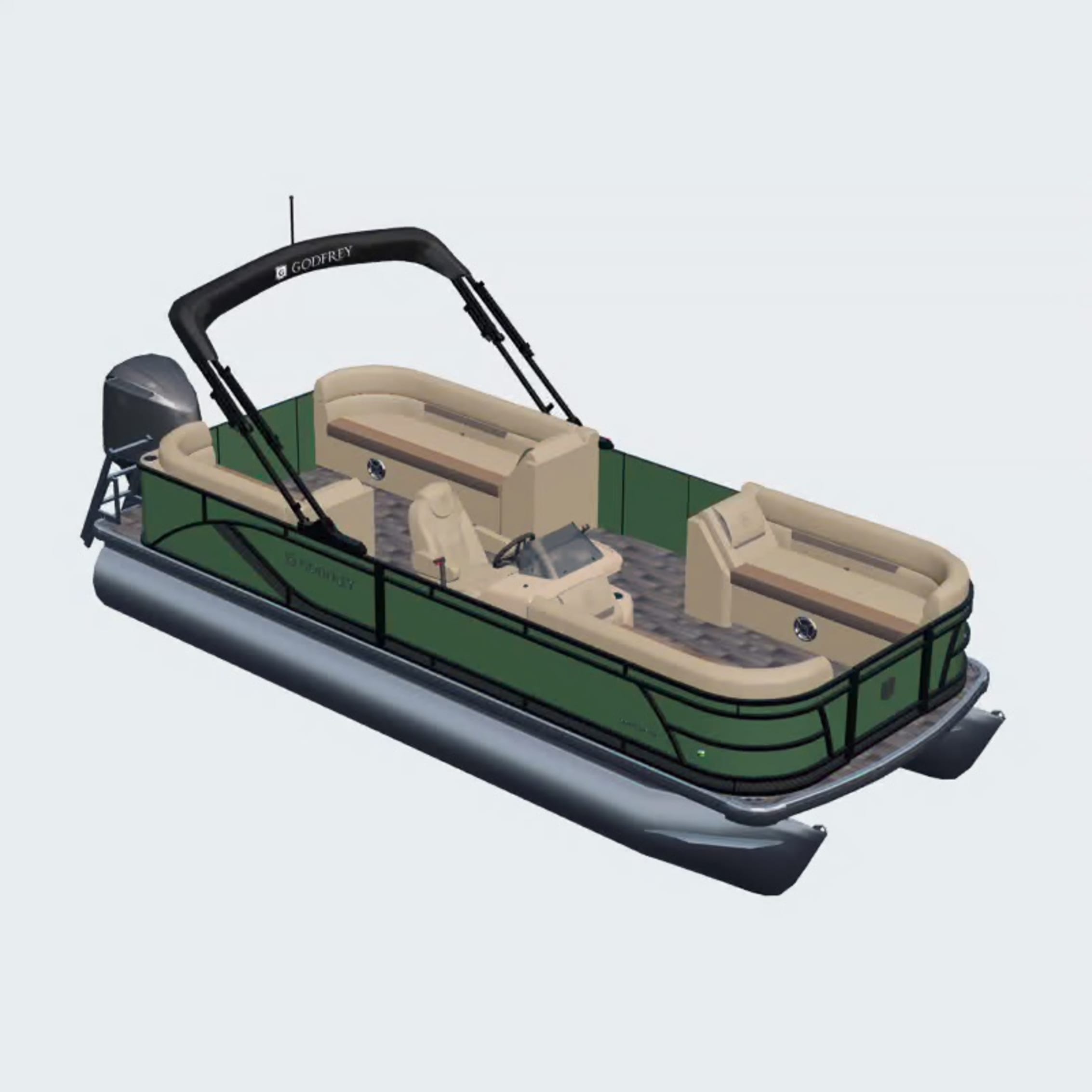 A green and beige pontoon boat from Godfrey, featuring comfortable seating, a steering console, and a sun canopy.