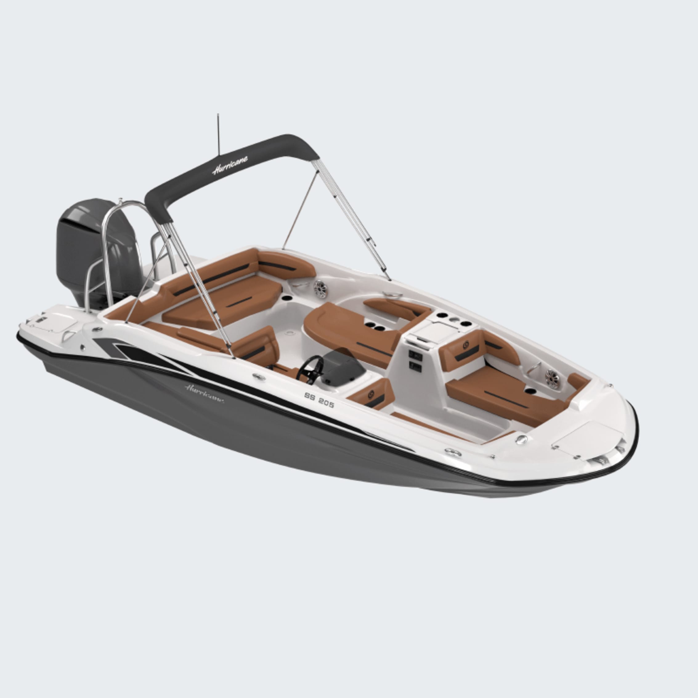 A sleek white and black Hurricane deck boat with brown cushioned seating and a sun canopy, featuring a center console and outboard engine.