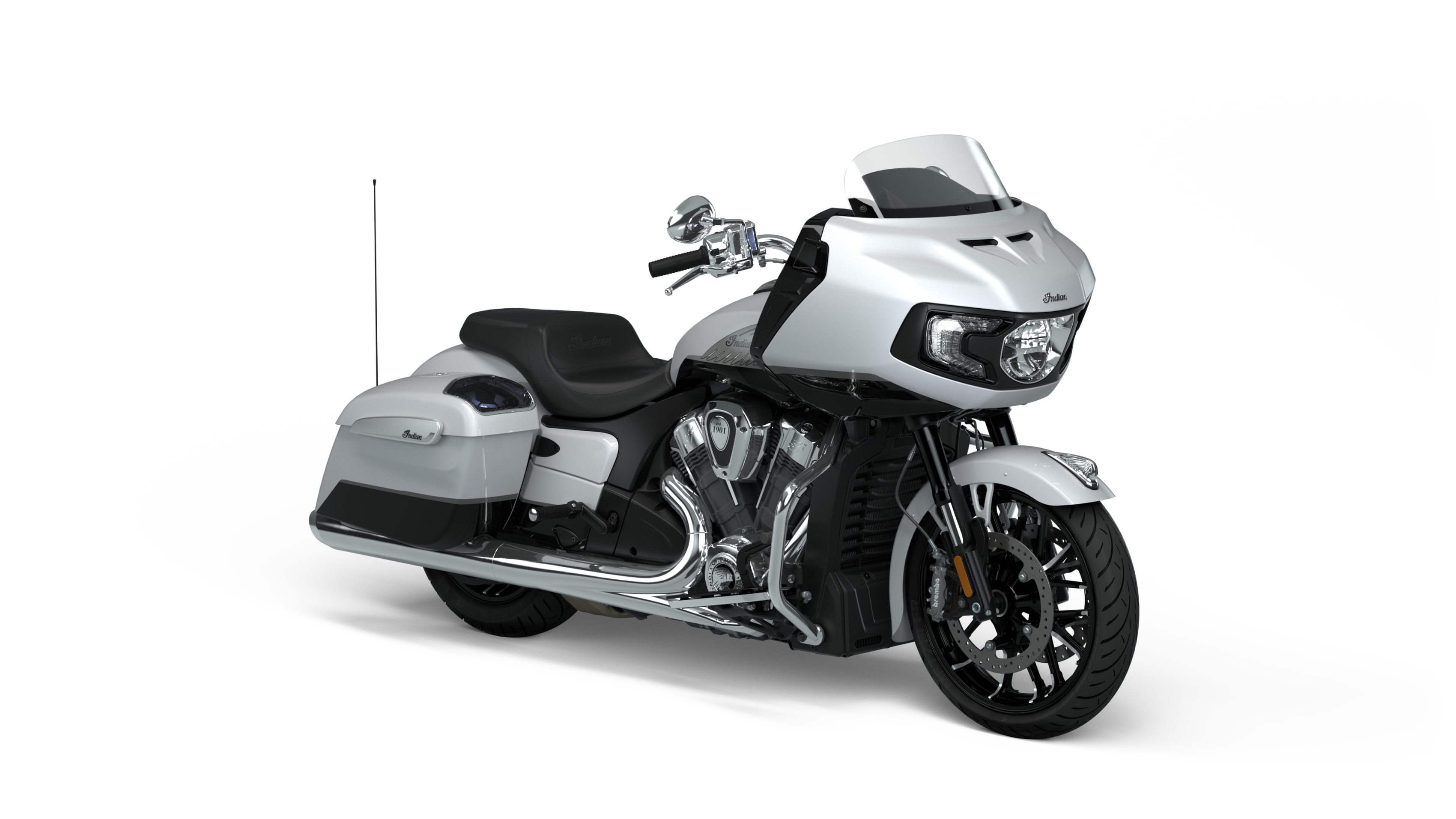 Silver Indian Challenger motorcycle with a streamlined front fairing and black leather seats on a white background.