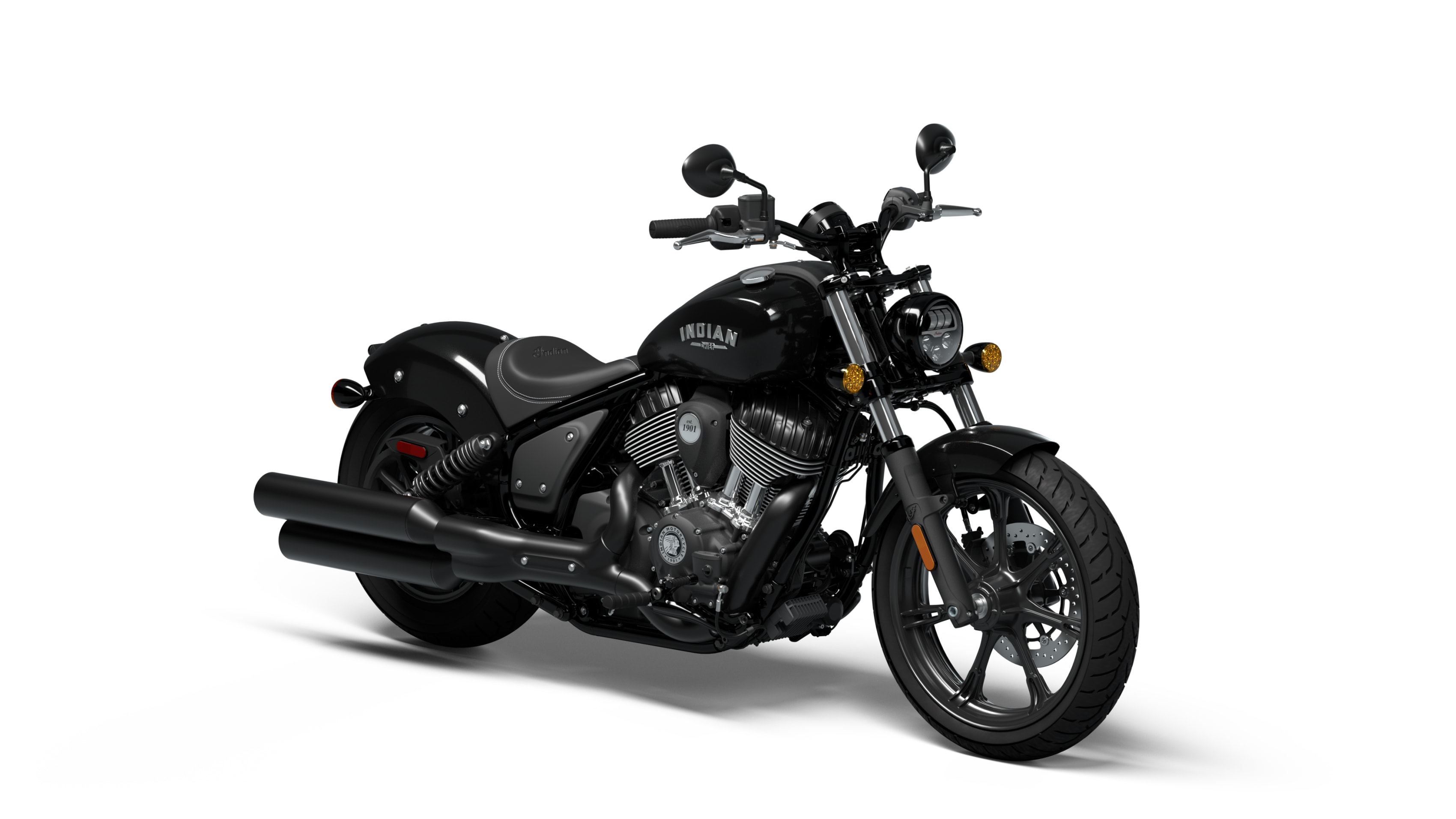 Black Indian Chief motorcycle on a white background showcasing its sleek design and chrome finishes.