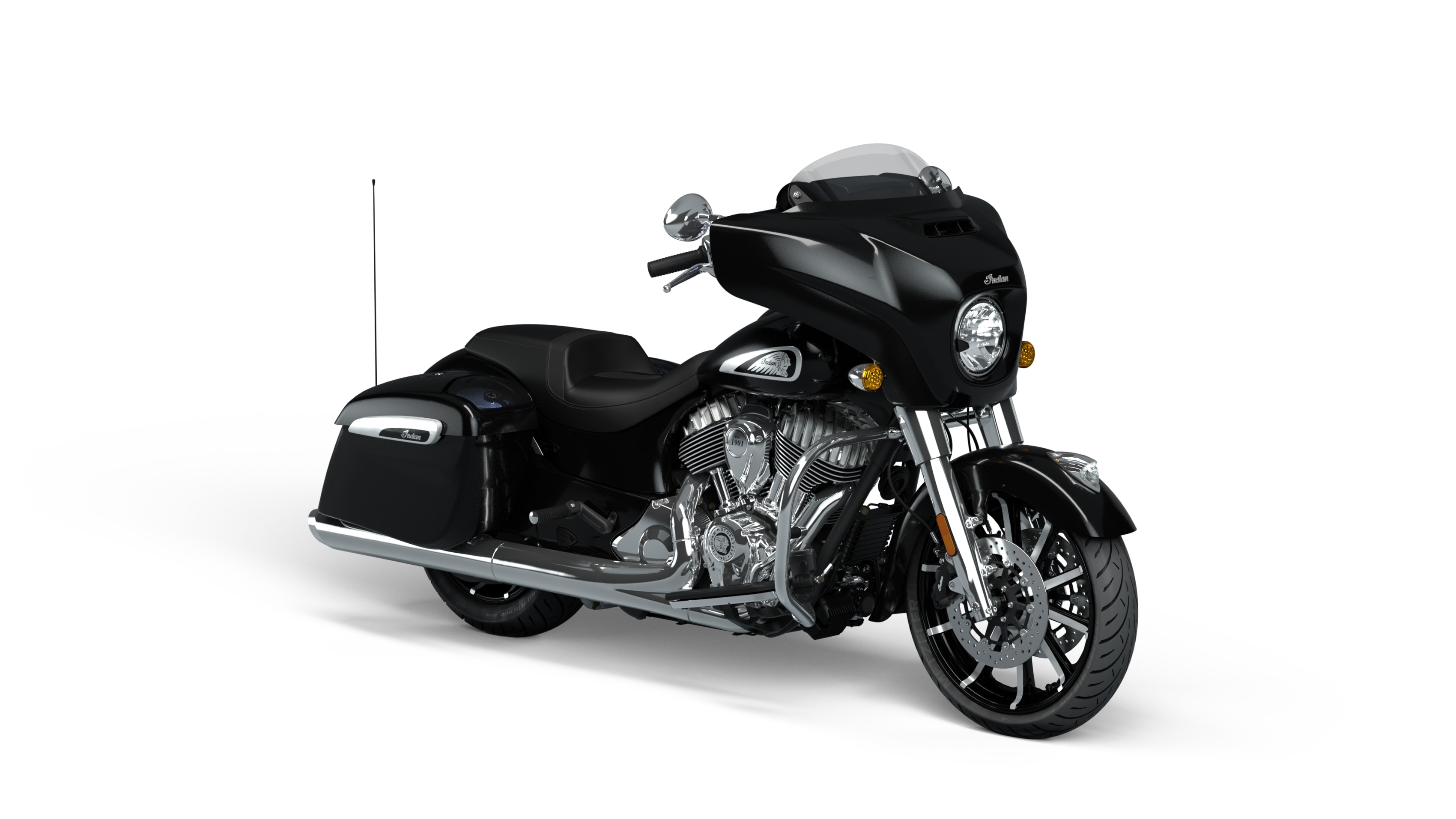 A sleek black Indian Chieftain motorcycle positioned on a white background showcasing its design and features.