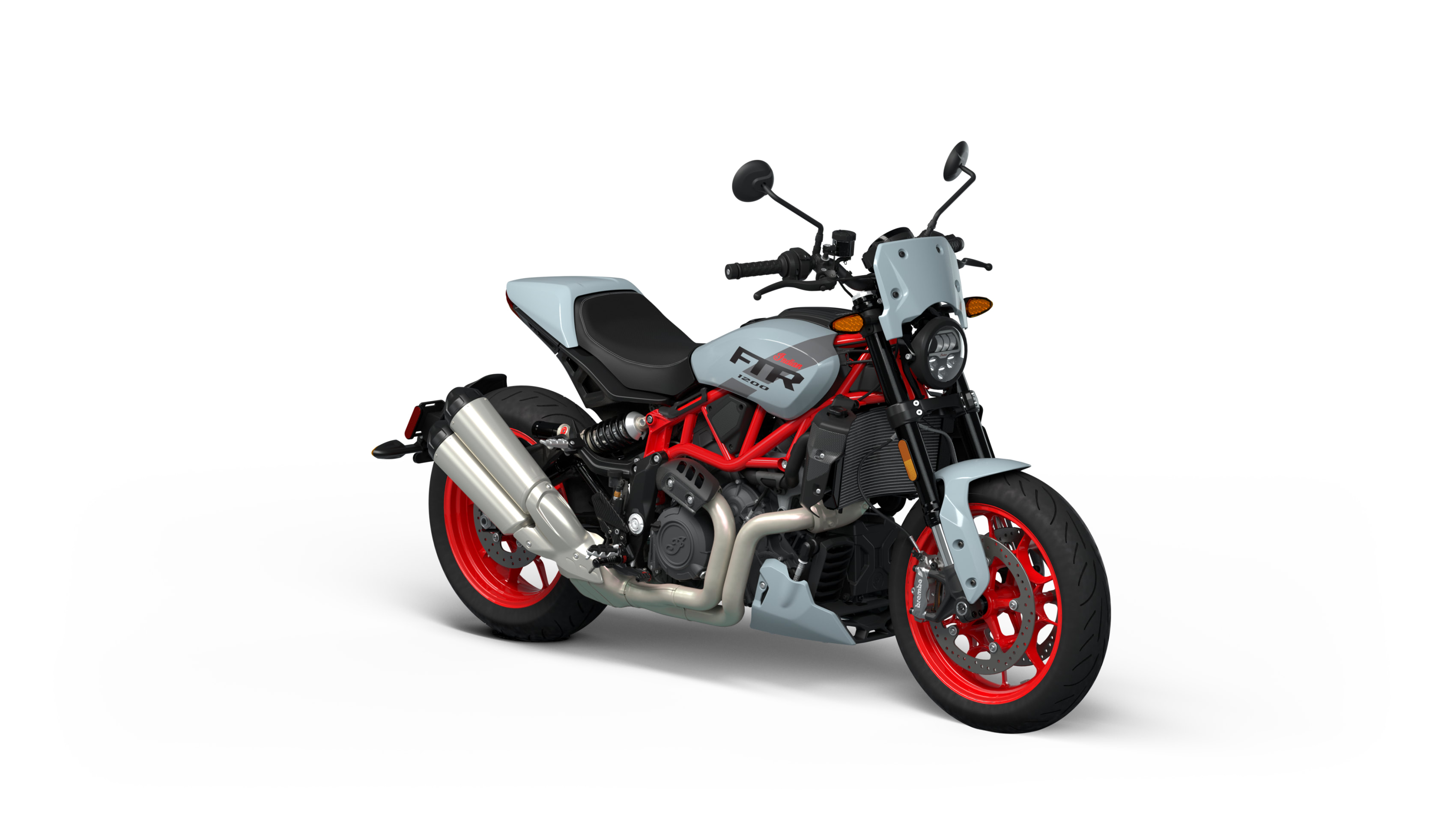 Sleek modern motorcycle with red accents and chrome exhaust, side view, isolated on a white background
