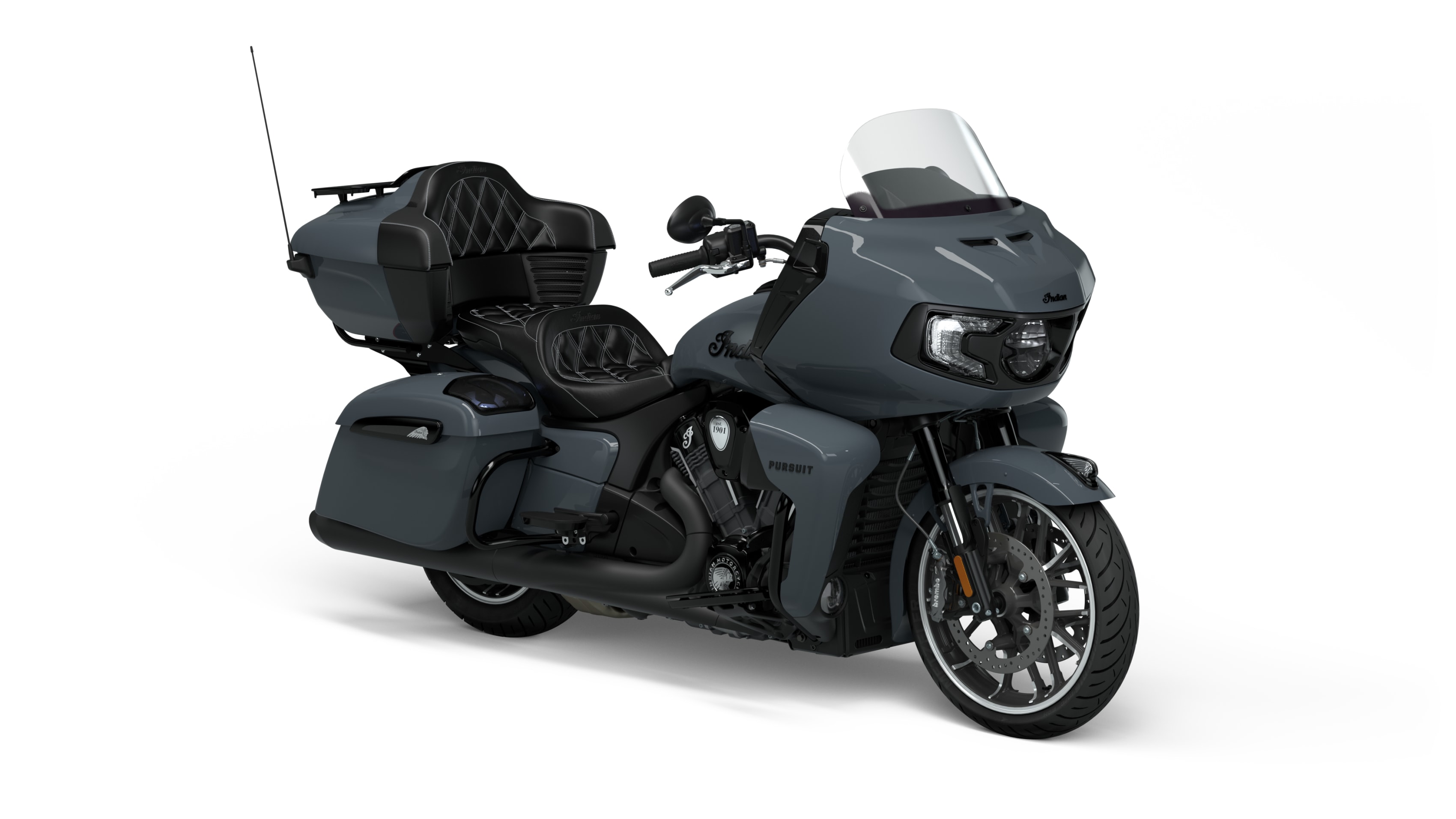 A sleek black Indian Pursuit motorcycle featuring hard saddlebags and modern design, isolated on a white background.
