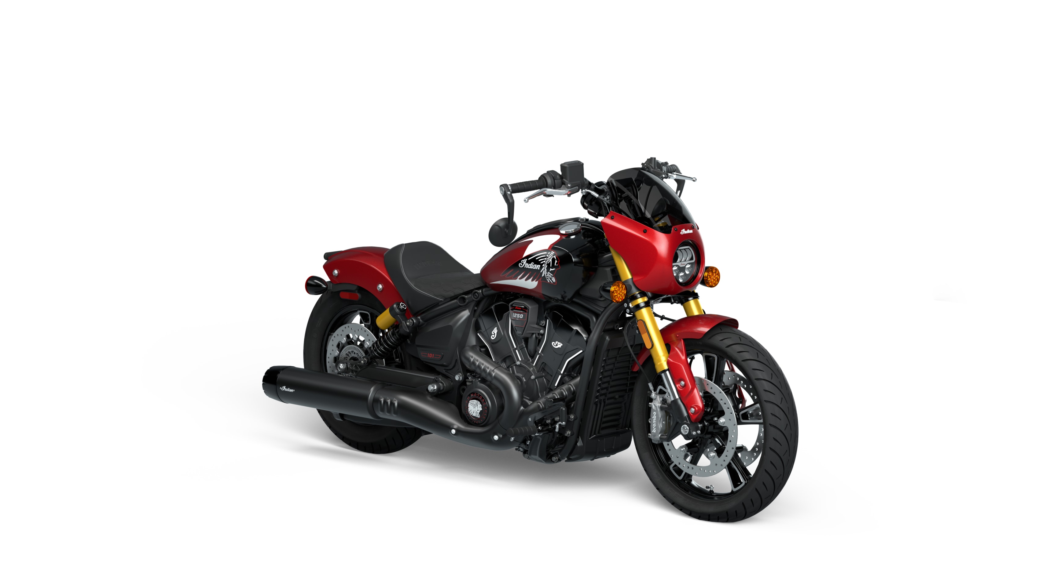 Red and black Indian Scout motorcycle on white background showcasing its sleek design and chrome details.