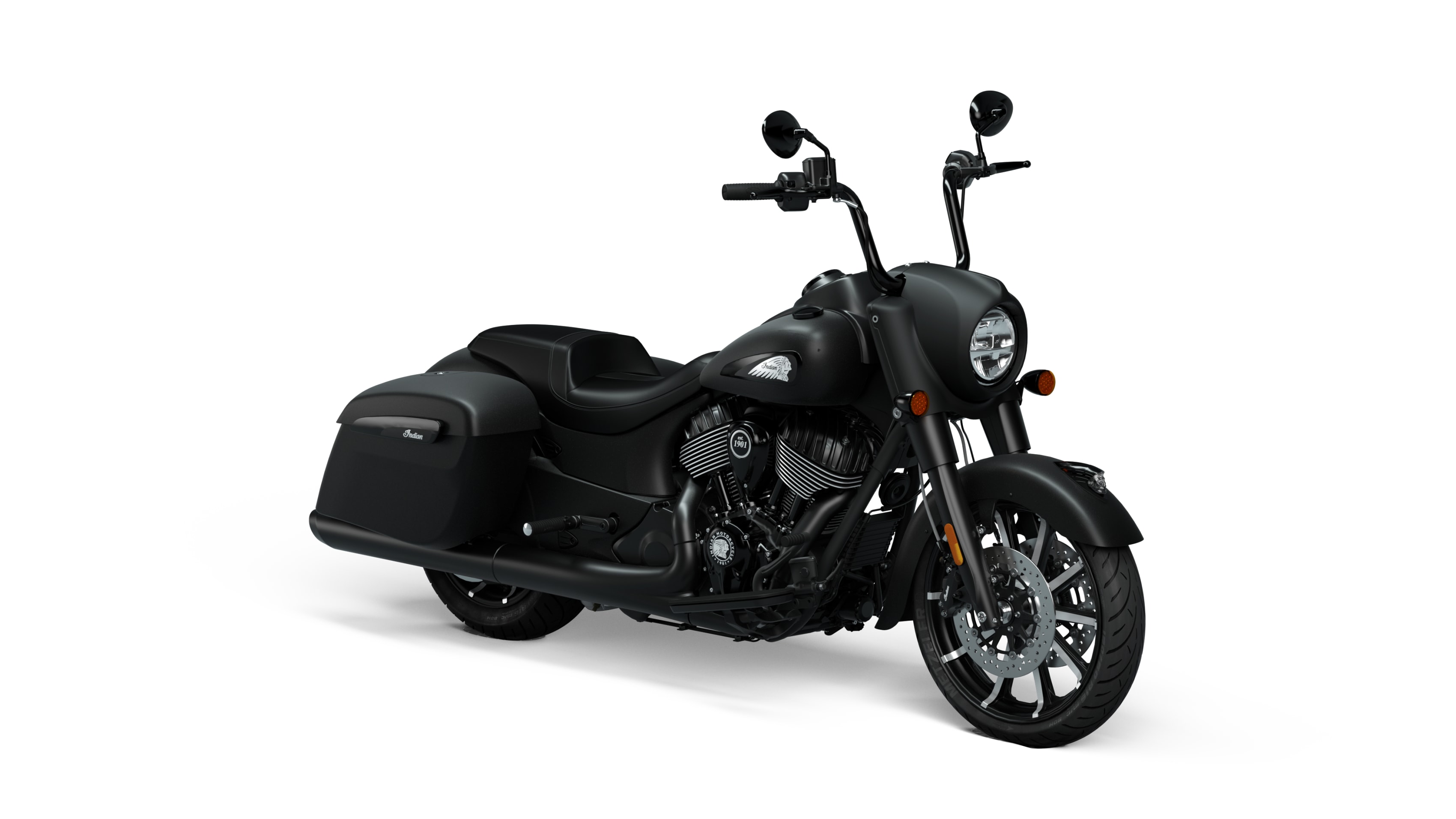 Glossy black Indian Springfield motorcycle on a white background, showcasing cruiser style and modern design.