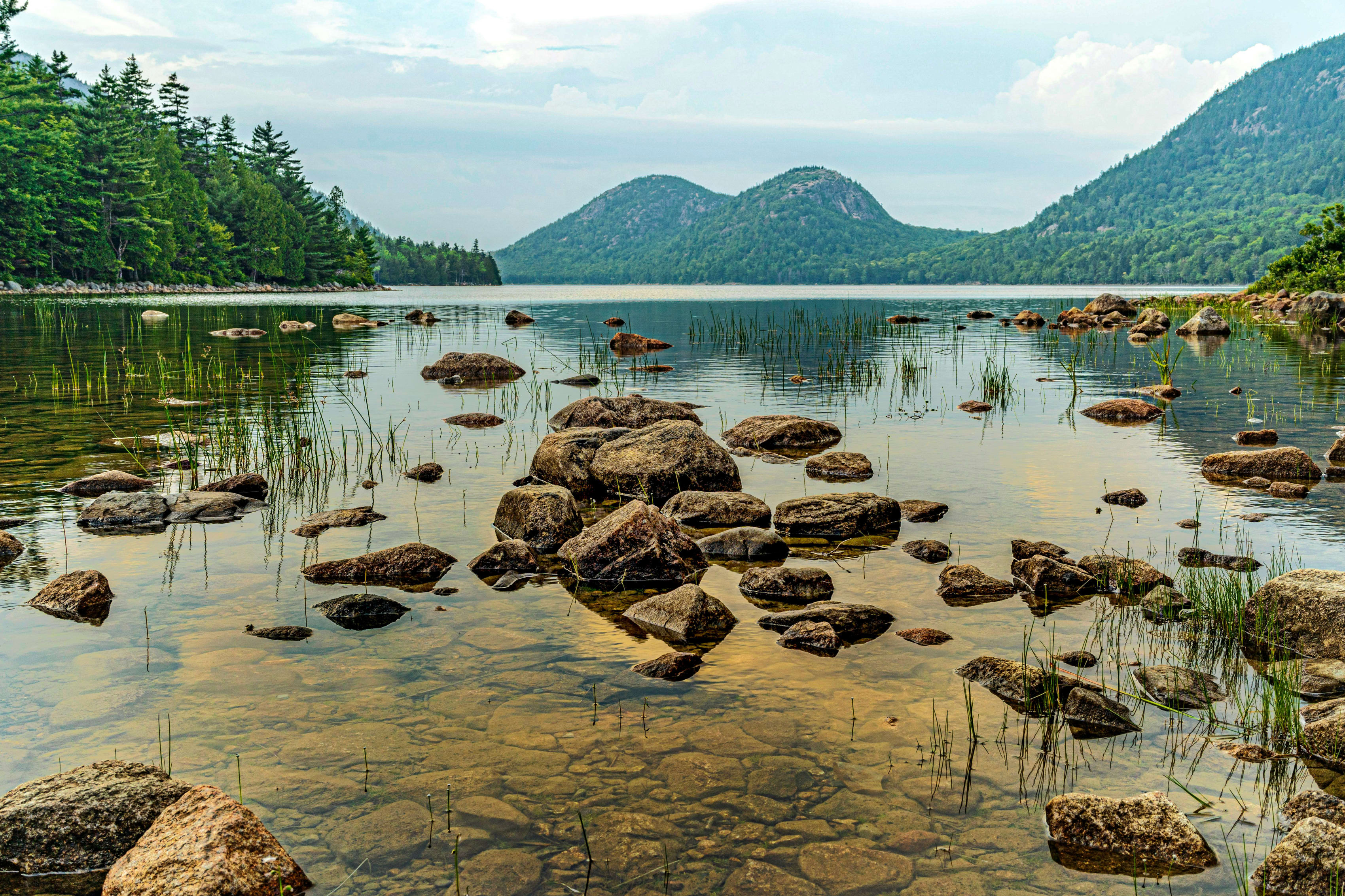 Serene view of Acadia National Park with calm waters and scattered boulders surrounded by forested hills.
