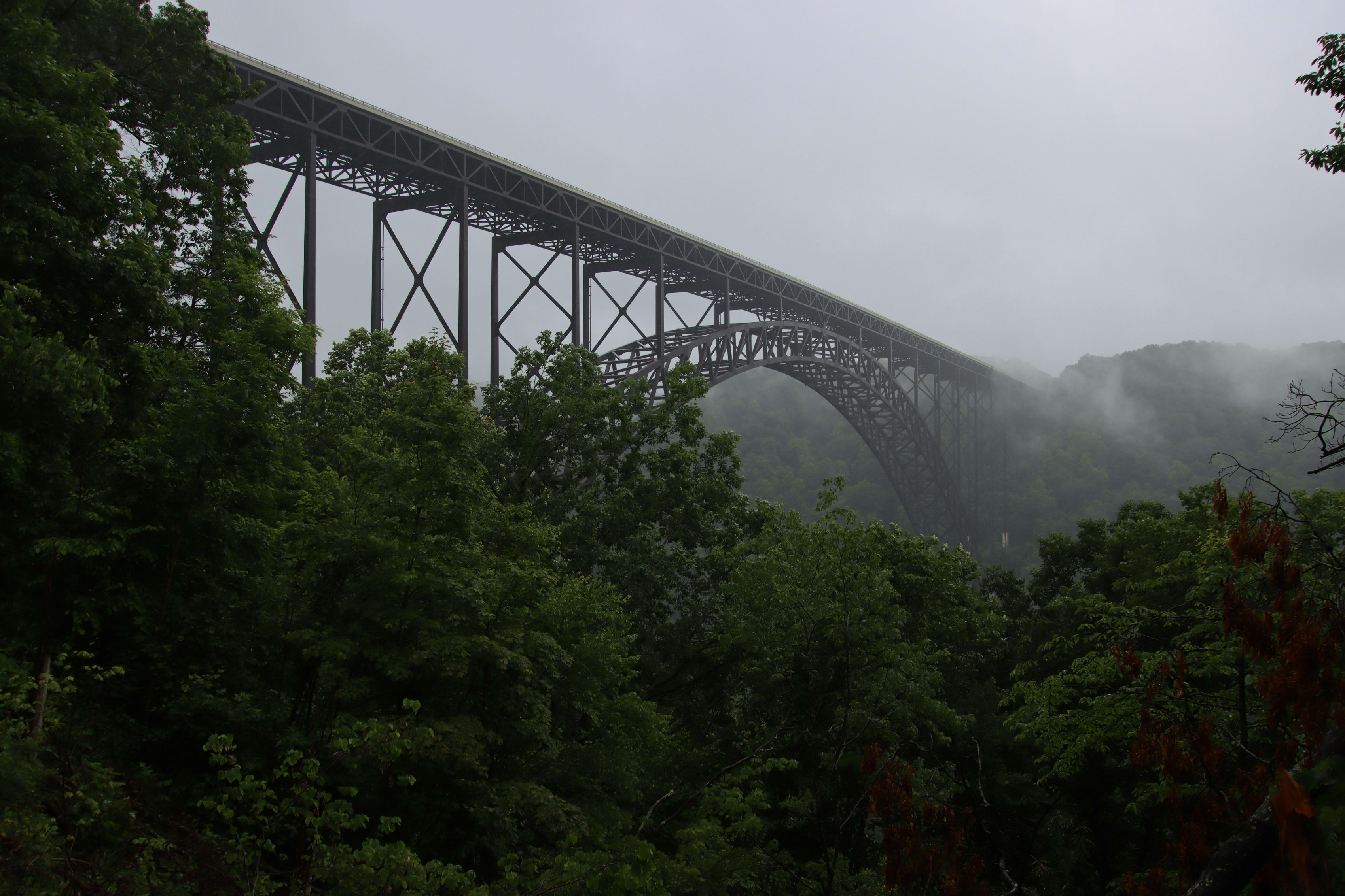 Misty view of the New River Gorge Bridge enveloped in fog with lush greenery surrounding it.