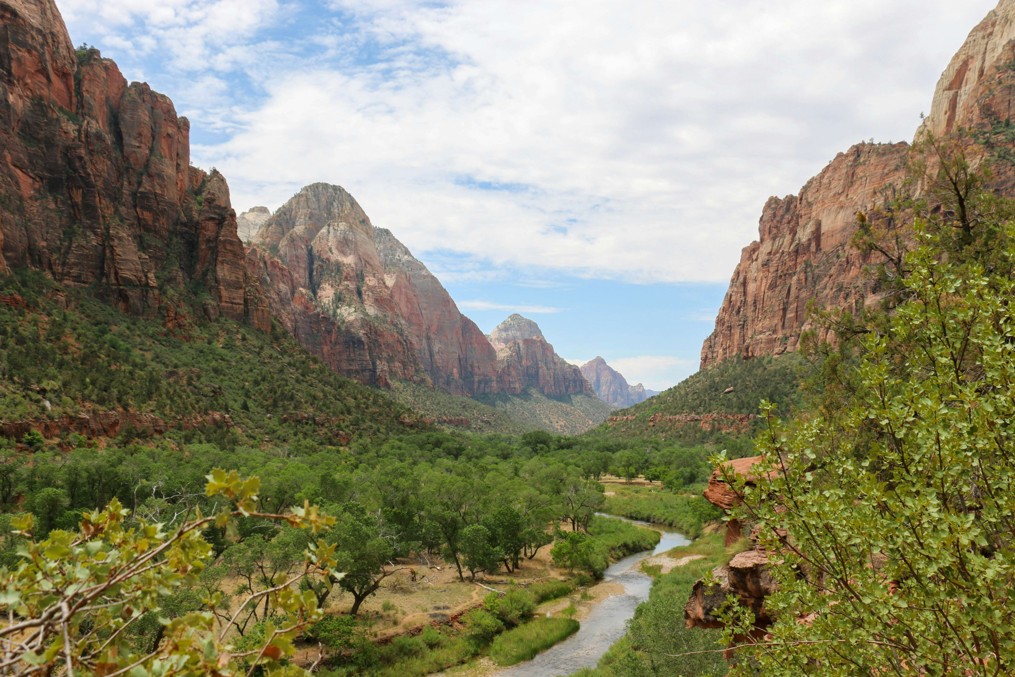 Scenic view of Zion National Park with towering red cliffs and lush valley with a meandering river.