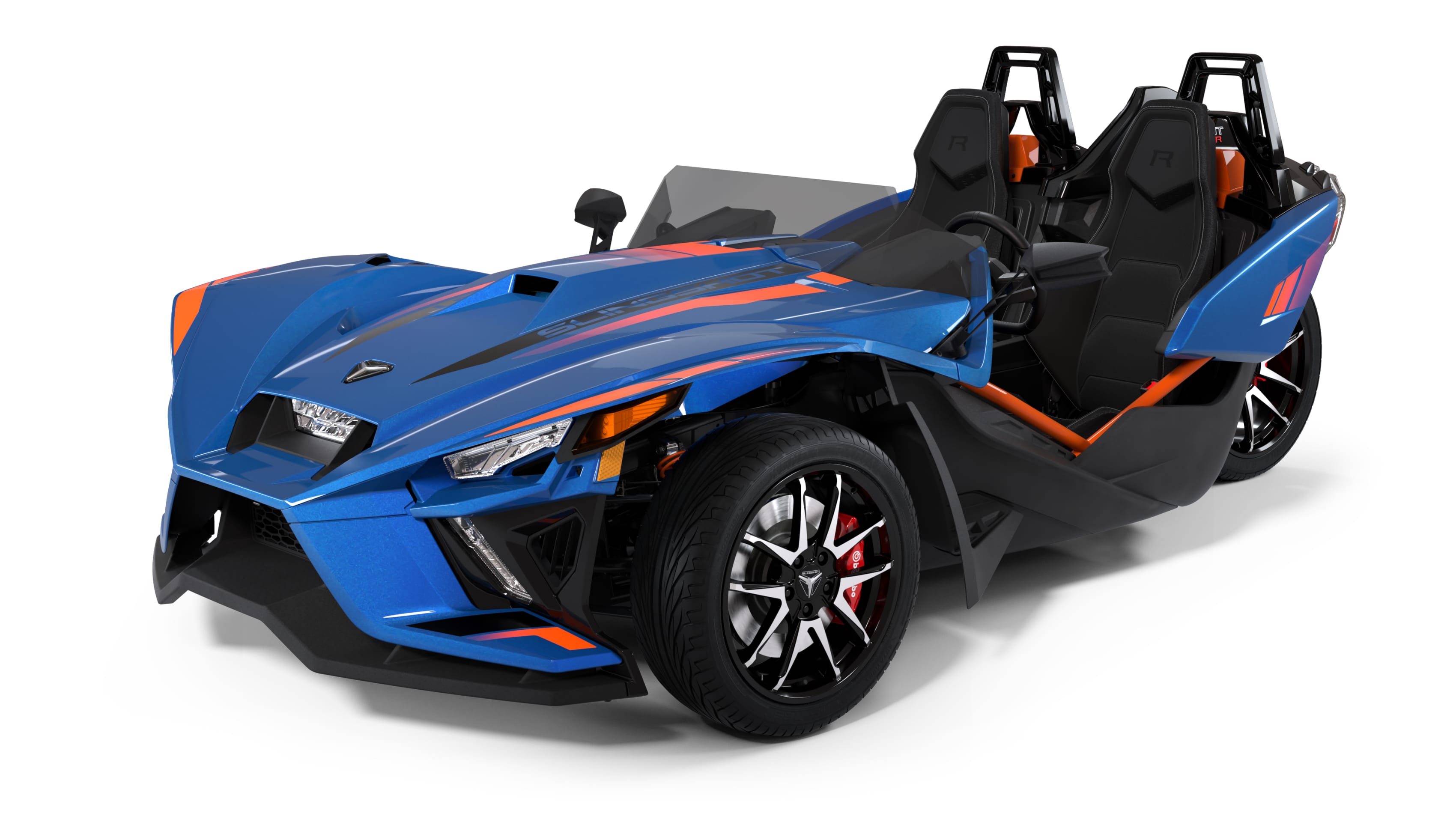 A front-facing image of a turquoise Polaris Slingshot R, a unique three-wheeled vehicle with a sporty design and open seating.