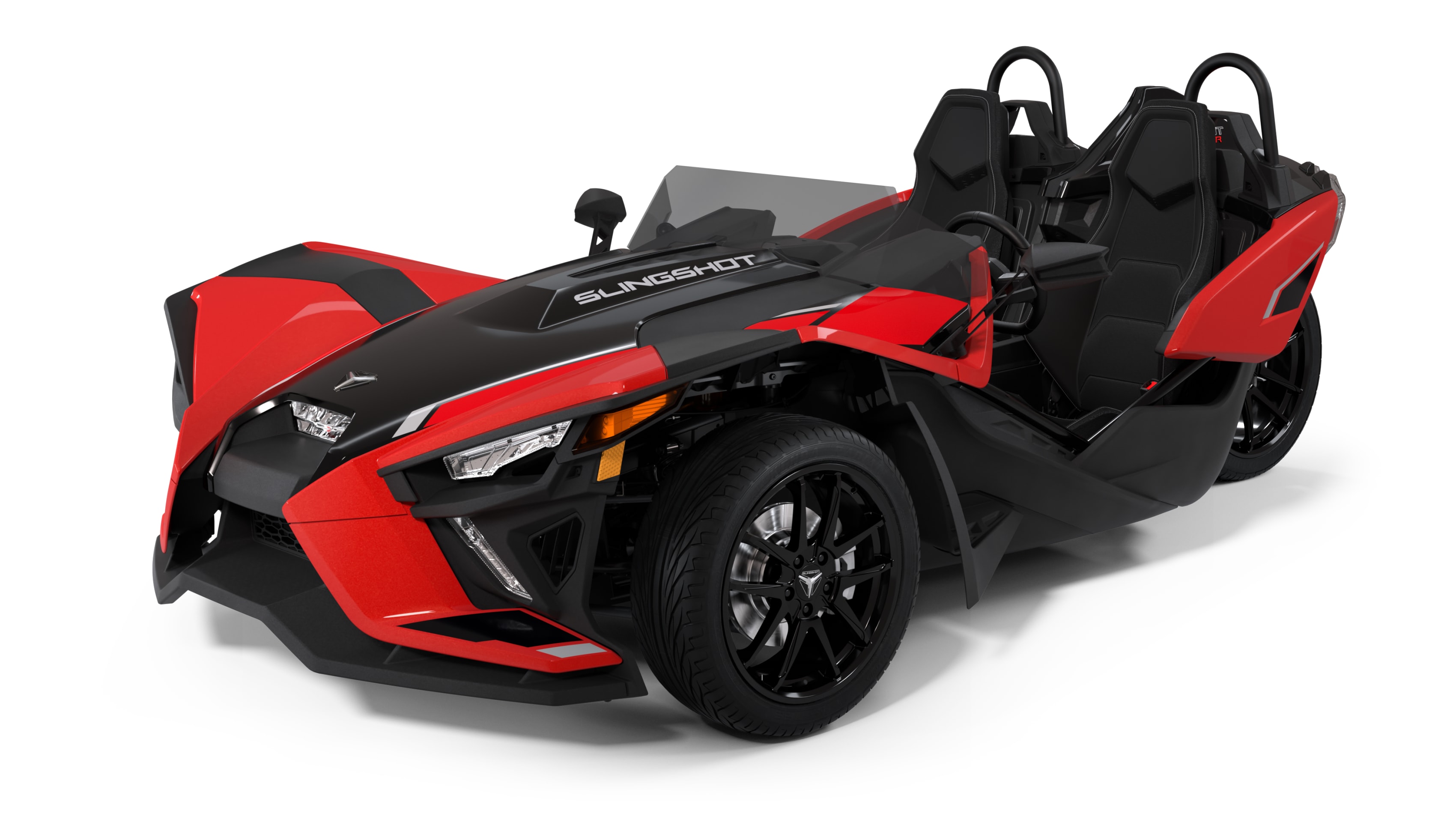 Front view of a grey and orange Polaris Slingshot SLR, a three-wheeled sports vehicle with a bold design and distinctive lines.