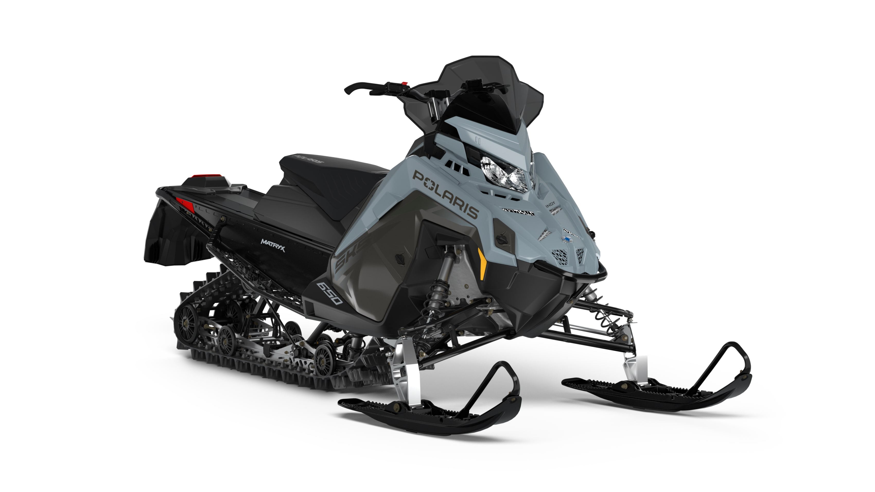 Polaris Switchback XC snowmobile in gray and black colors displayed on a white backdrop.