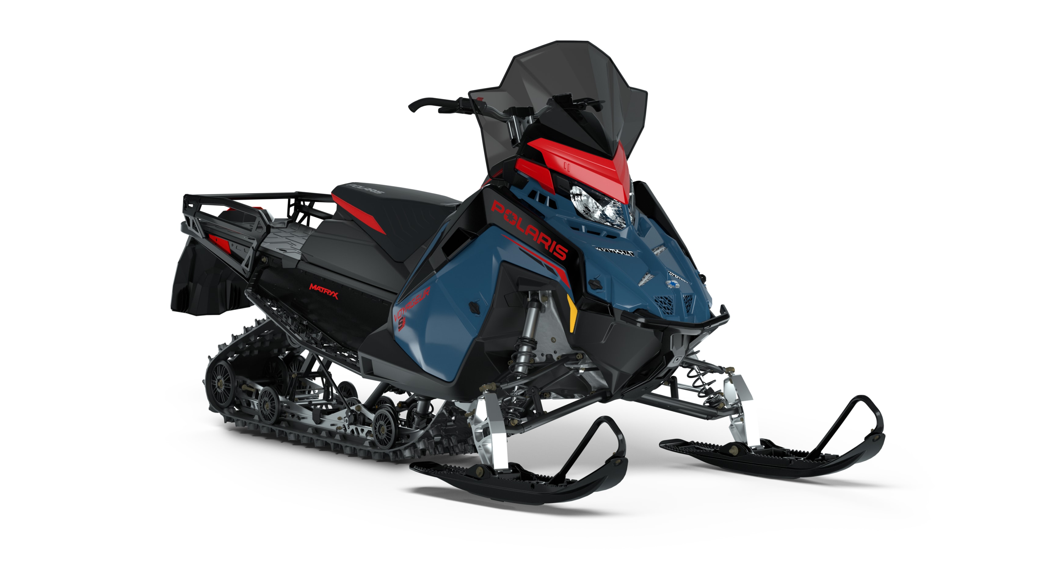 Blue and red Polaris Voyageur snowmobile positioned to the side on a white background, ready for family winter adventures.
