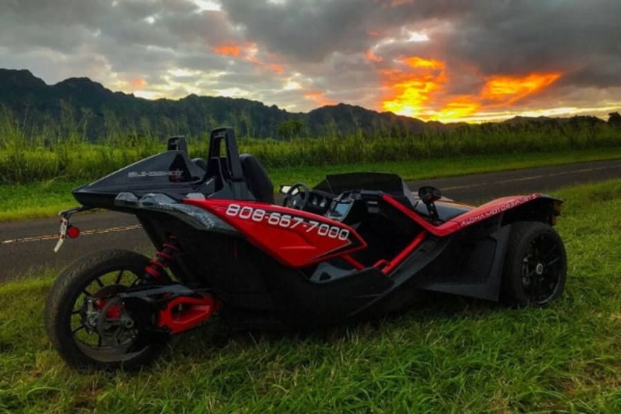 Polaris Slingshot with sunset in Waikoloa