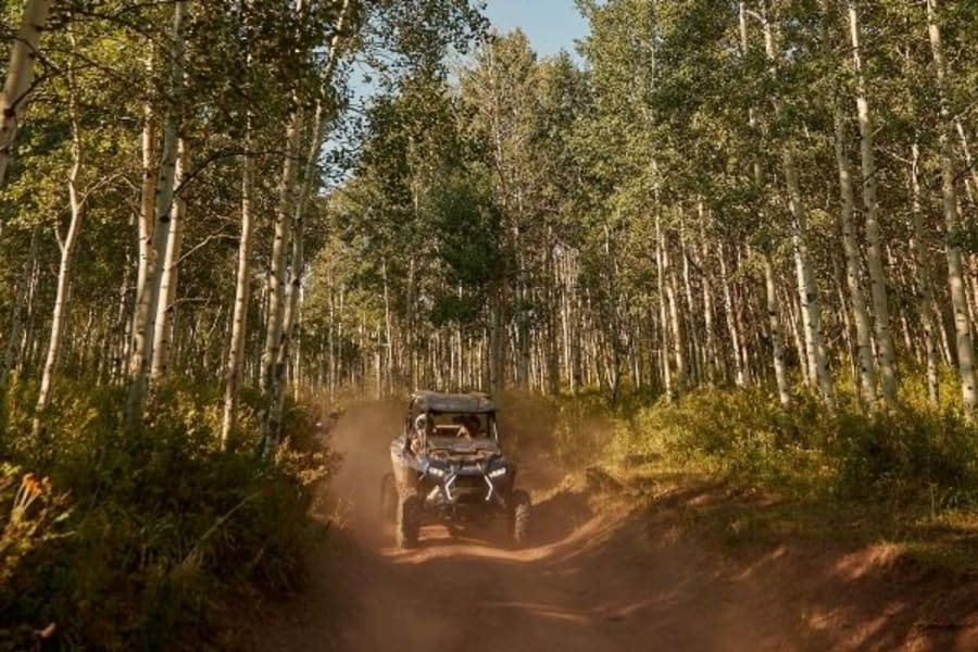 Polaris side by sides driving through northern Minnesota forested ATV trails.