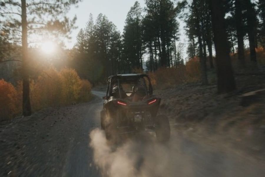 Polaris RZR driving away on dirt trail