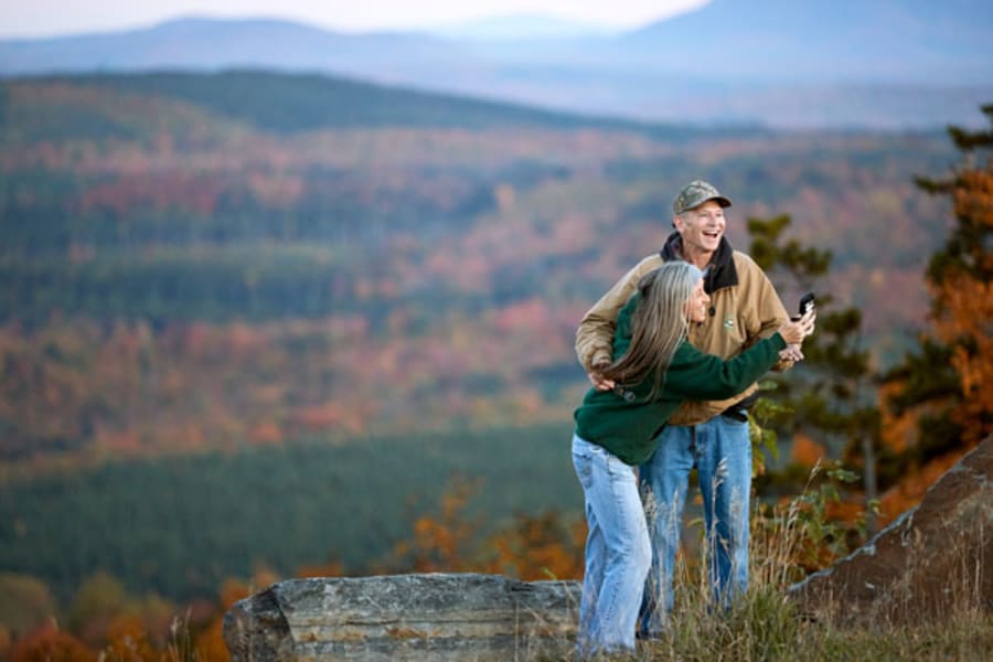 Couple taking selfies near Jackman, Maine
