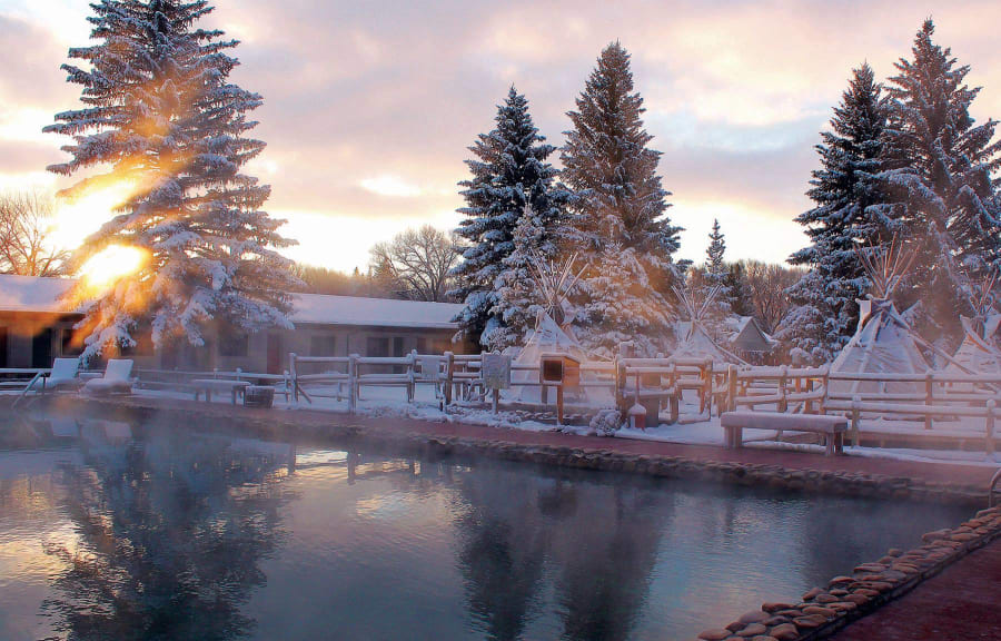 Wintry scene of outdoor teepees at Saratoga Hot Springs Resort