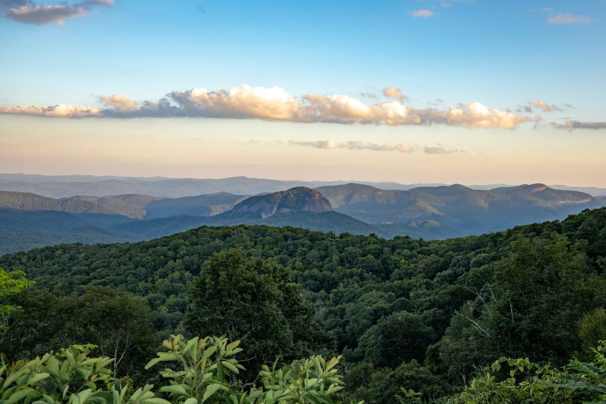 Scenic view of North Carolina's lush landscape with rolling mountains under a tranquil sky at dusk.