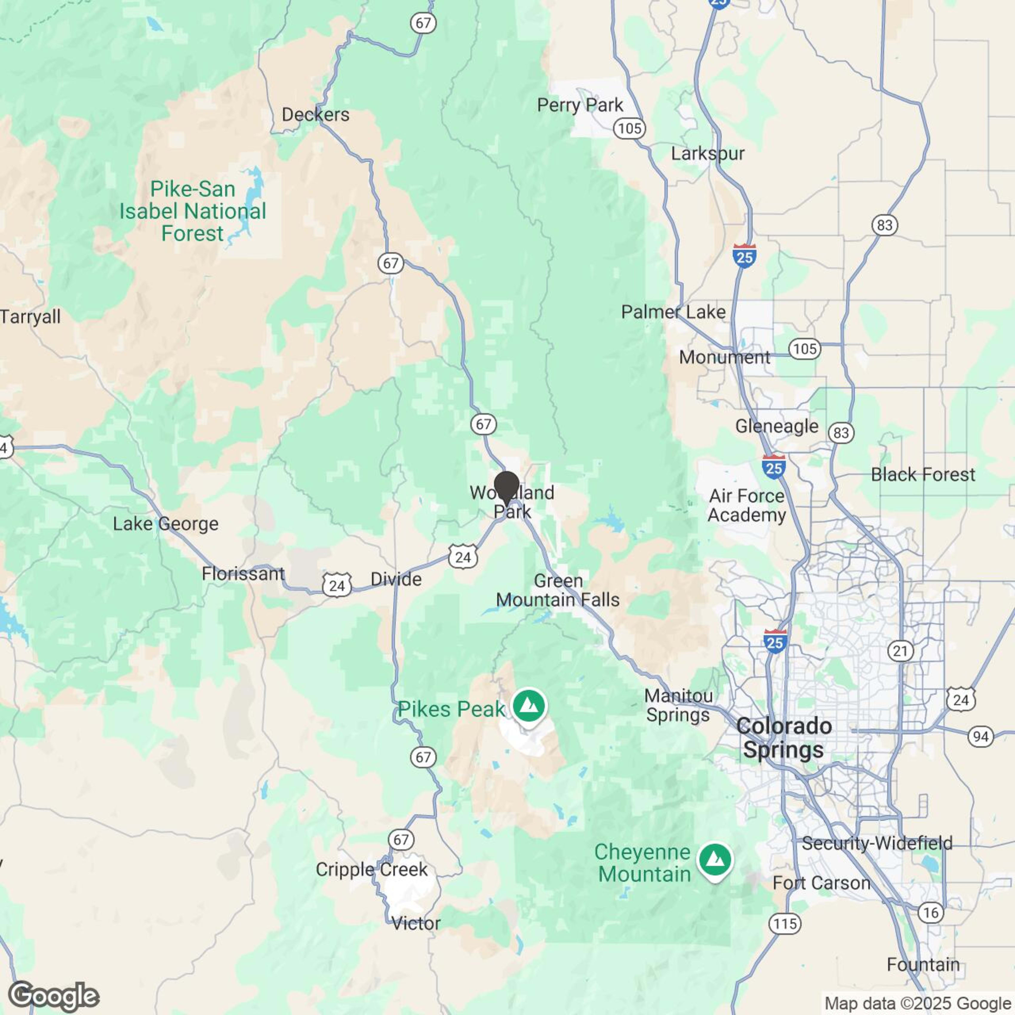 Map showing location of Great Outdoors Adventures - Woodland Park
