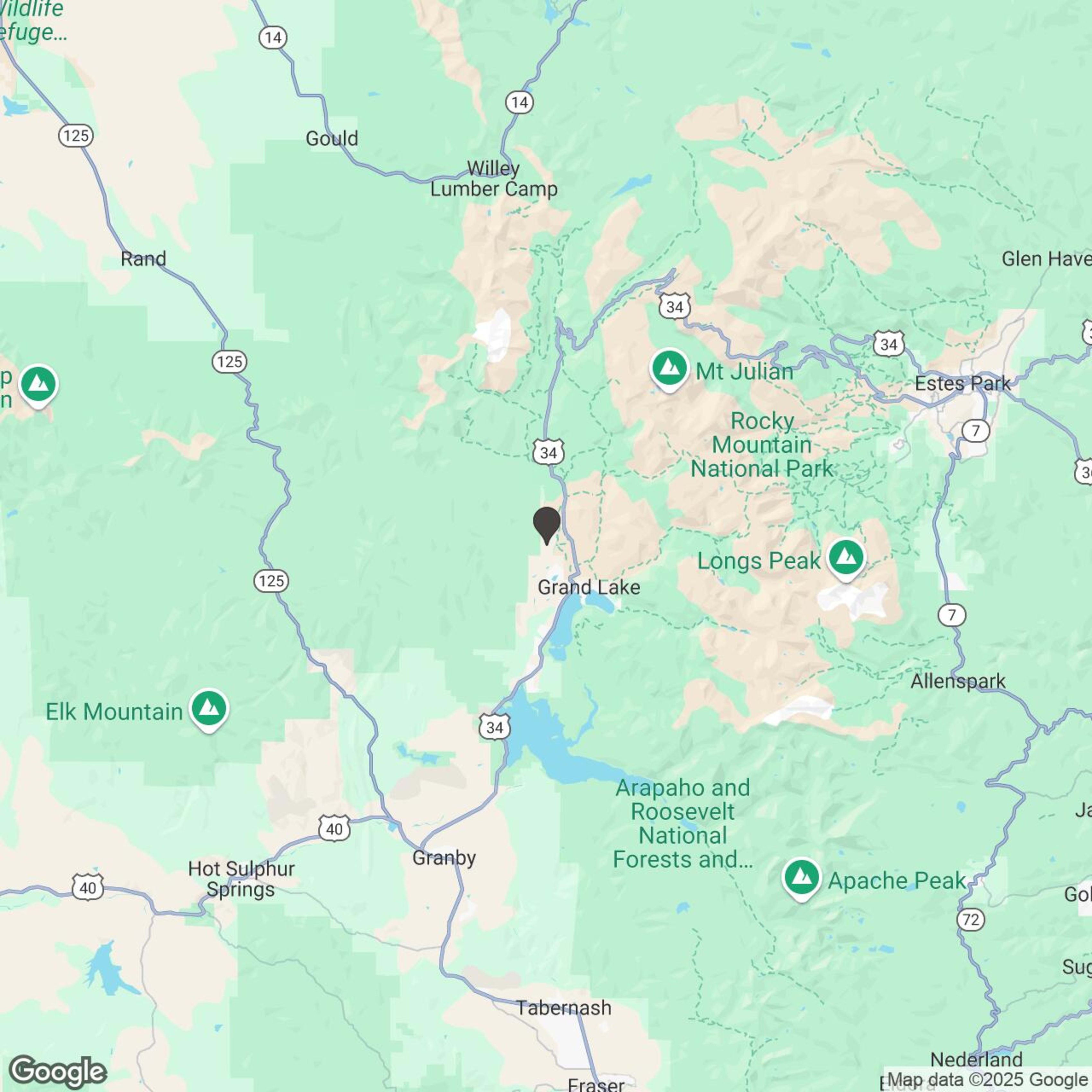 Map showing location of Grand Lake Snowmobile Tours
