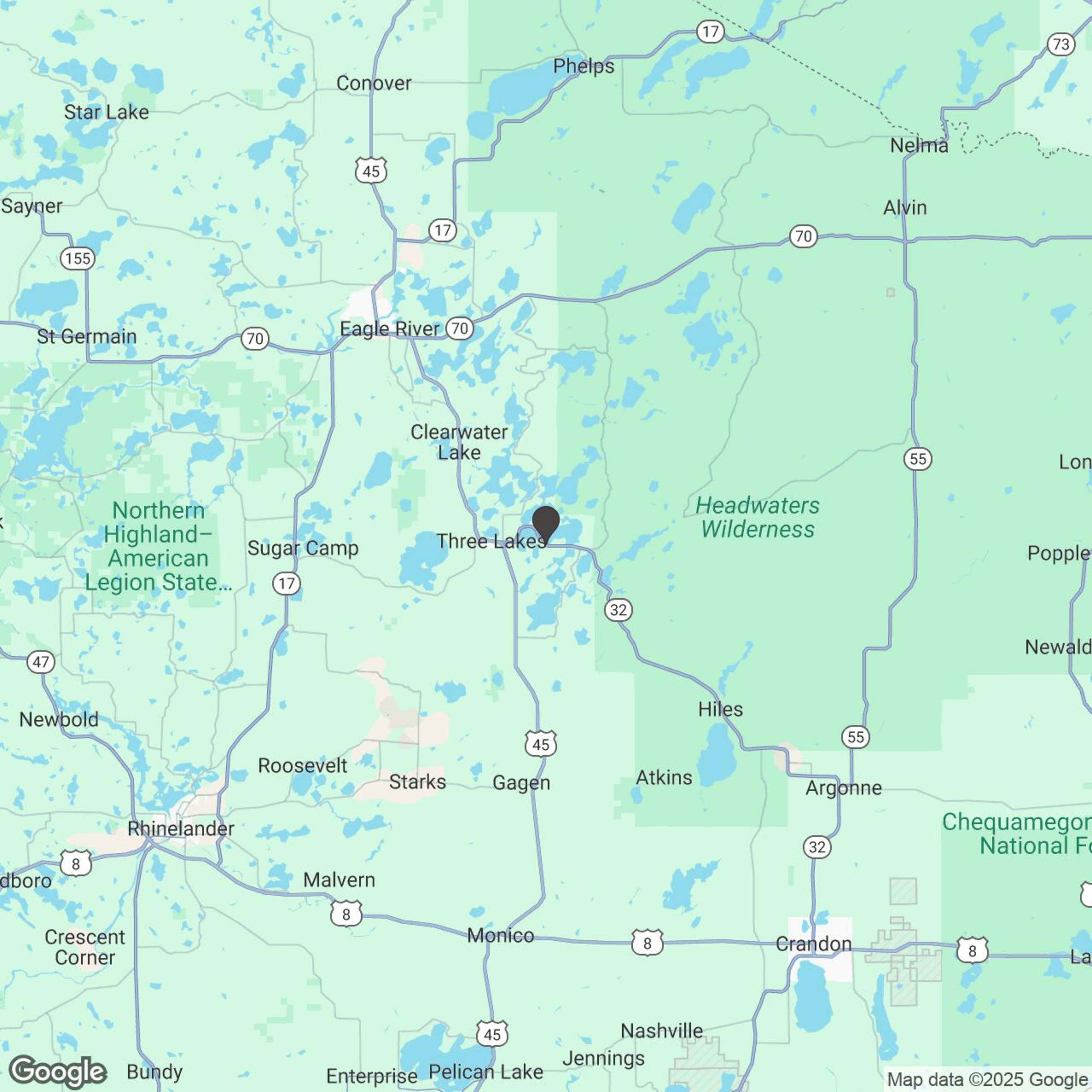 Map showing location of Snowmobile Rental- Three Lakes WI 