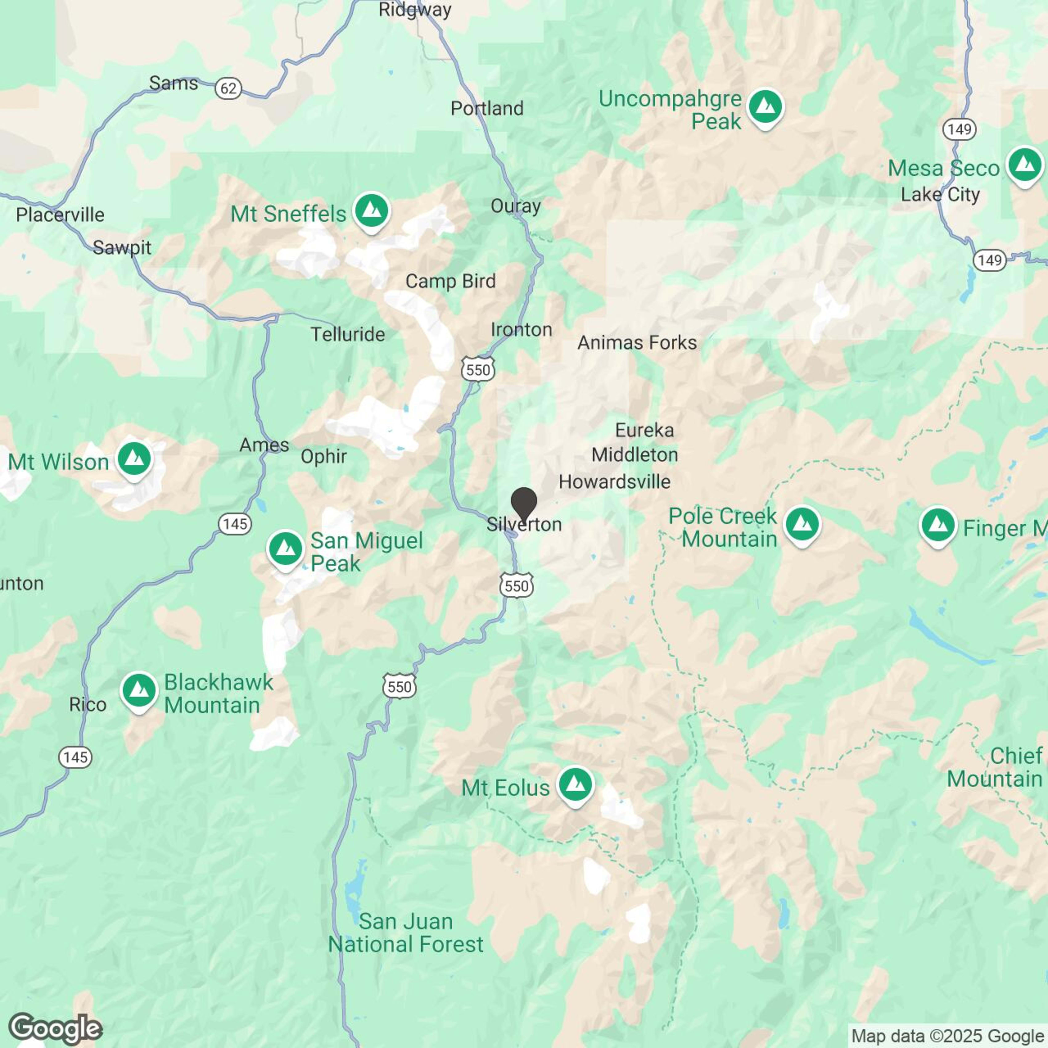 Map showing location of 2-Hour Guided San Juan Mountains Snowmobile Tour