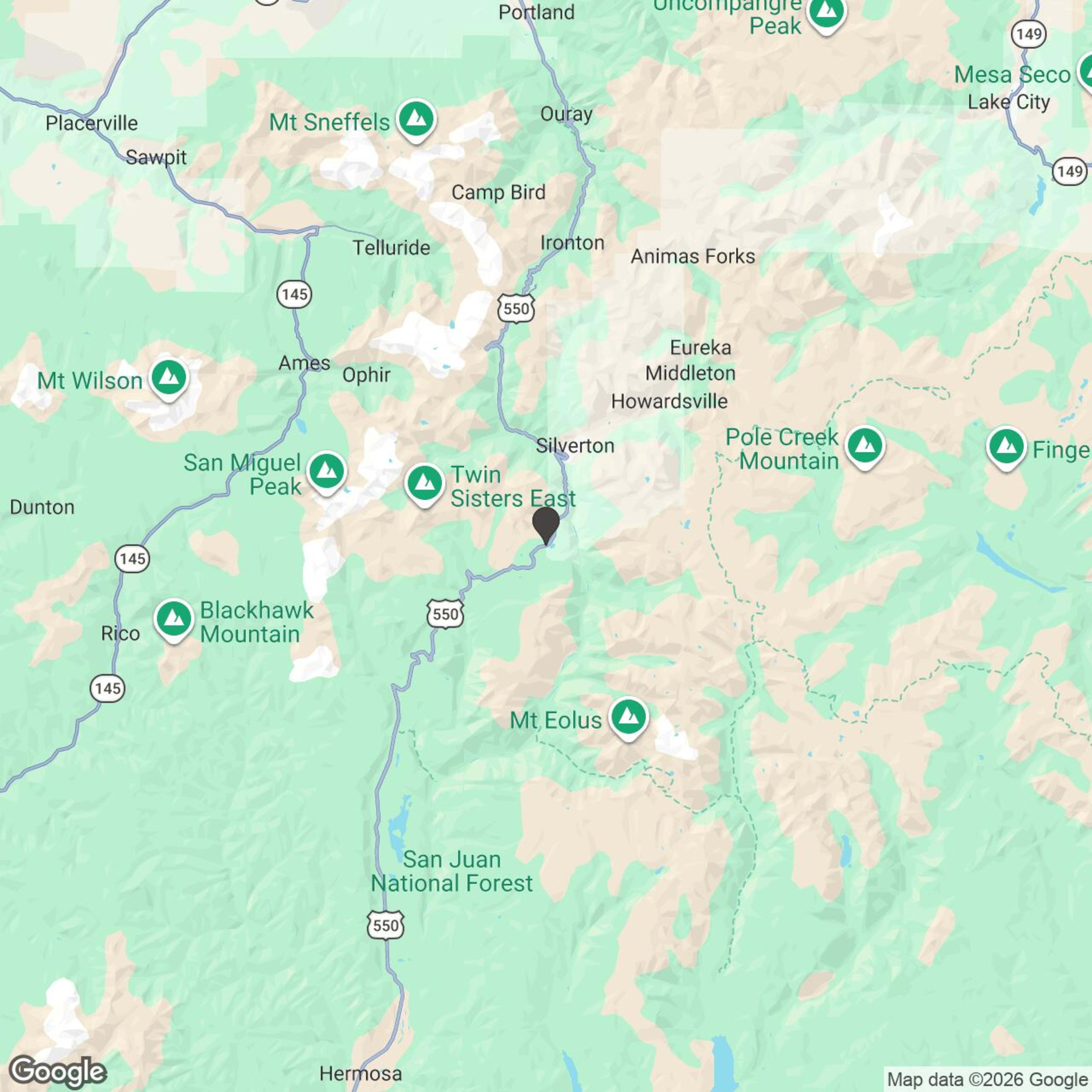 Map showing location of Full-Day Guided Silverton Backcountry Snowmobile Experience