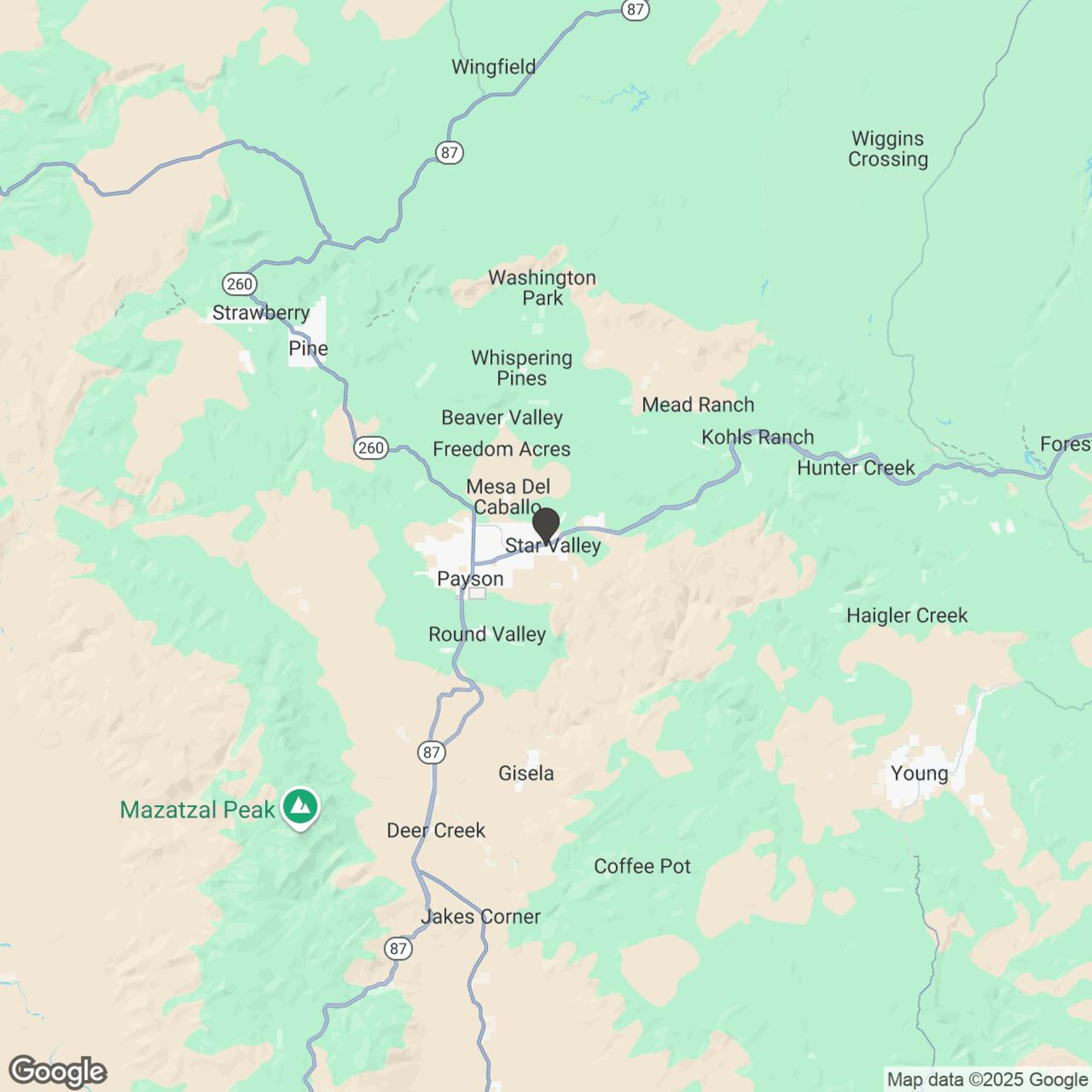 Map showing location of Rye to Gisela to Jakes Corner, AZ
