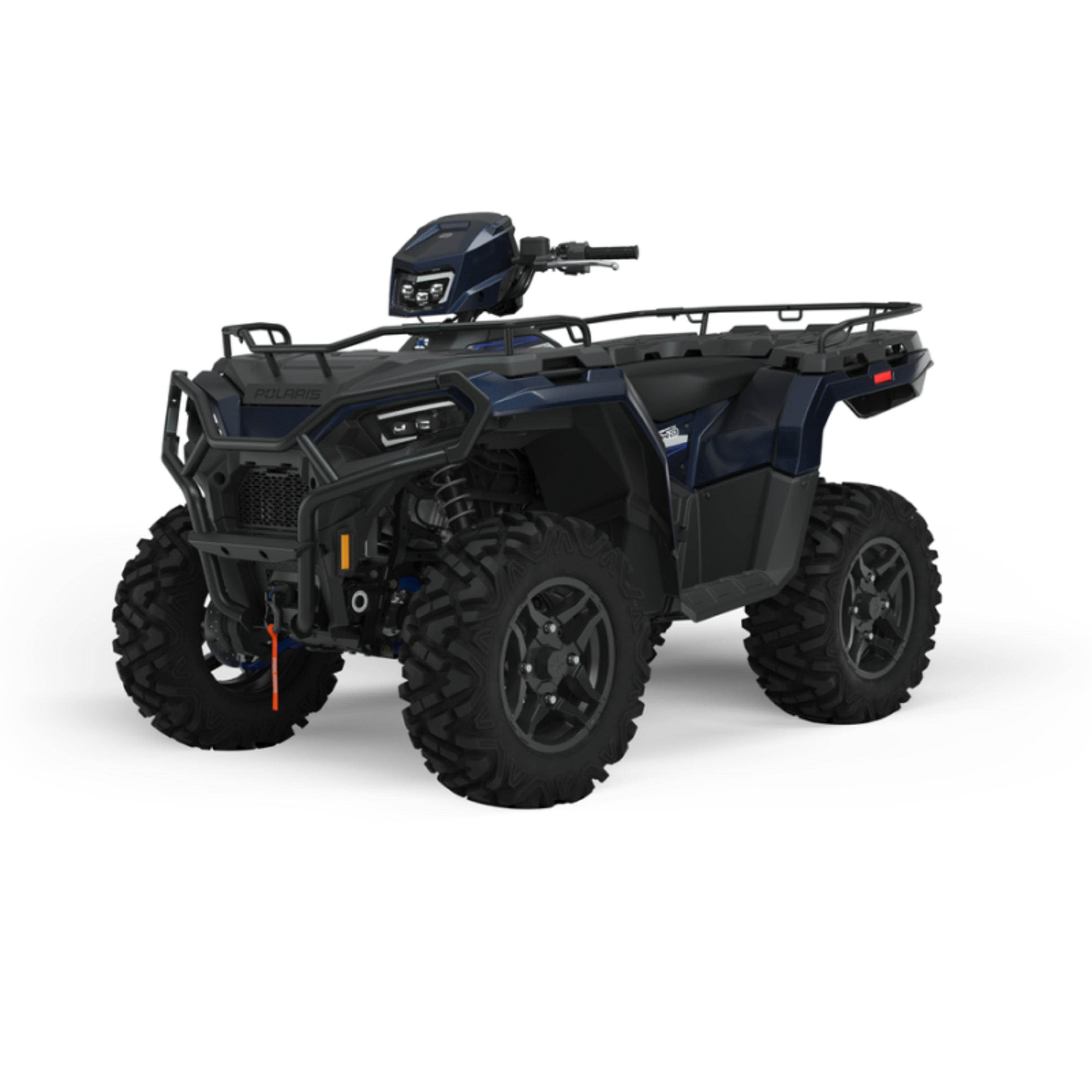 A new Polaris all-terrain vehicle (ATV) in blue and black, with rugged tires and a mounted storage box on a white background.