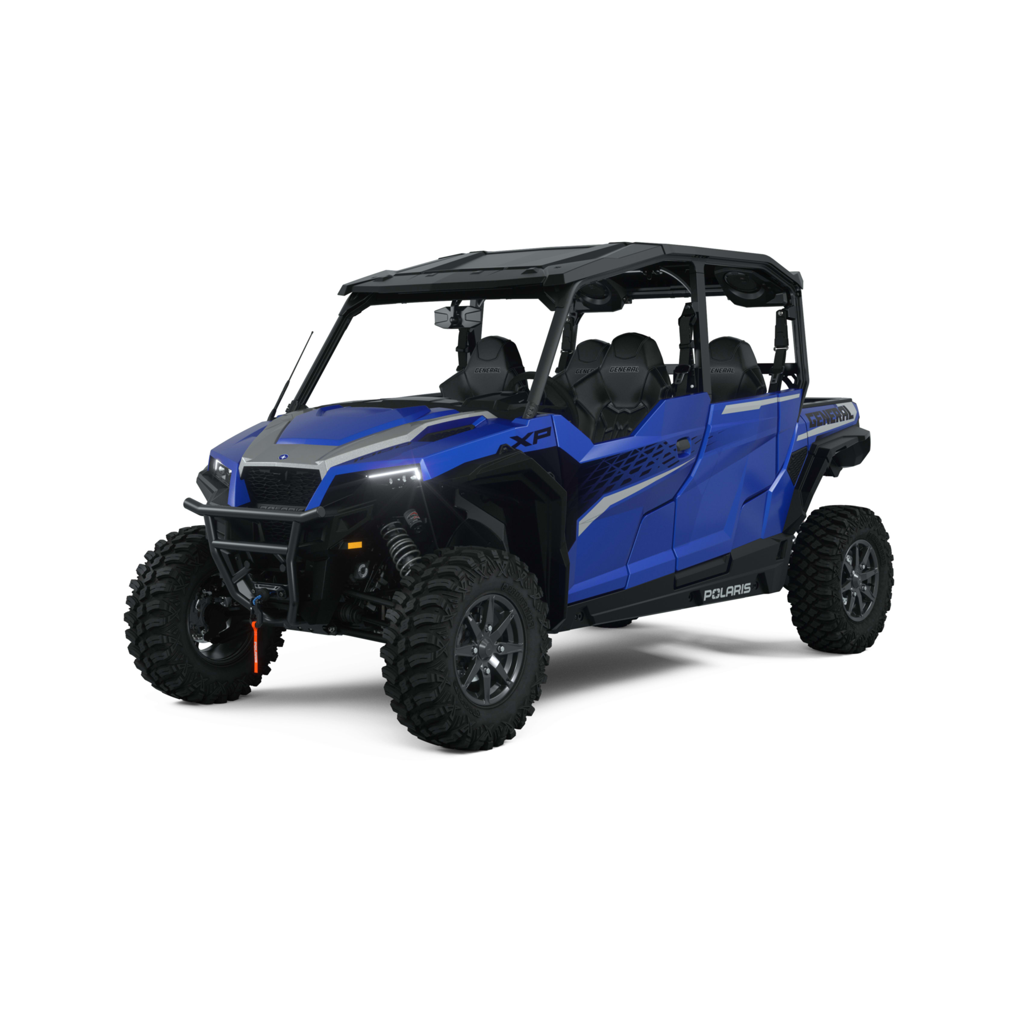 Bright blue Polaris General XP 1000 four-seater with cargo bed and off-road capabilities, isolated on white.
