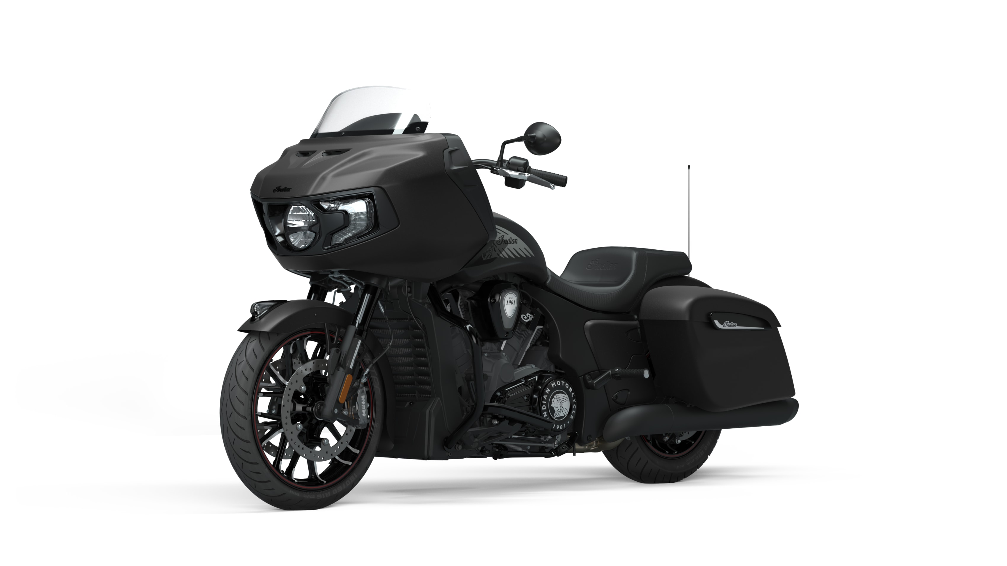 Sleek black Polaris touring motorcycle with hard side bags and a windscreen, on a white background.