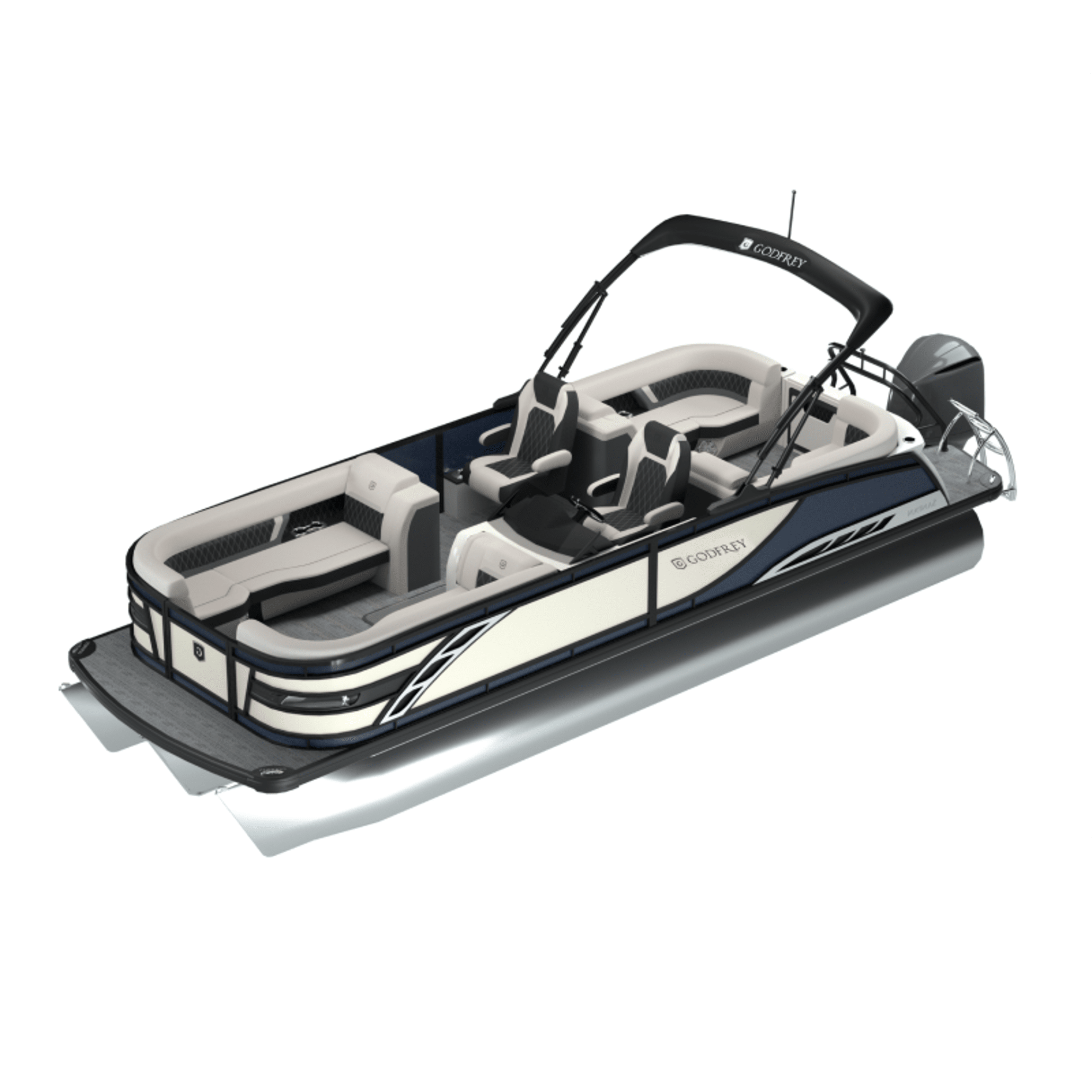 Sleek modern pontoon boat by Godfrey in white and black with stylish seating and sun canopy, isolated on a white background.