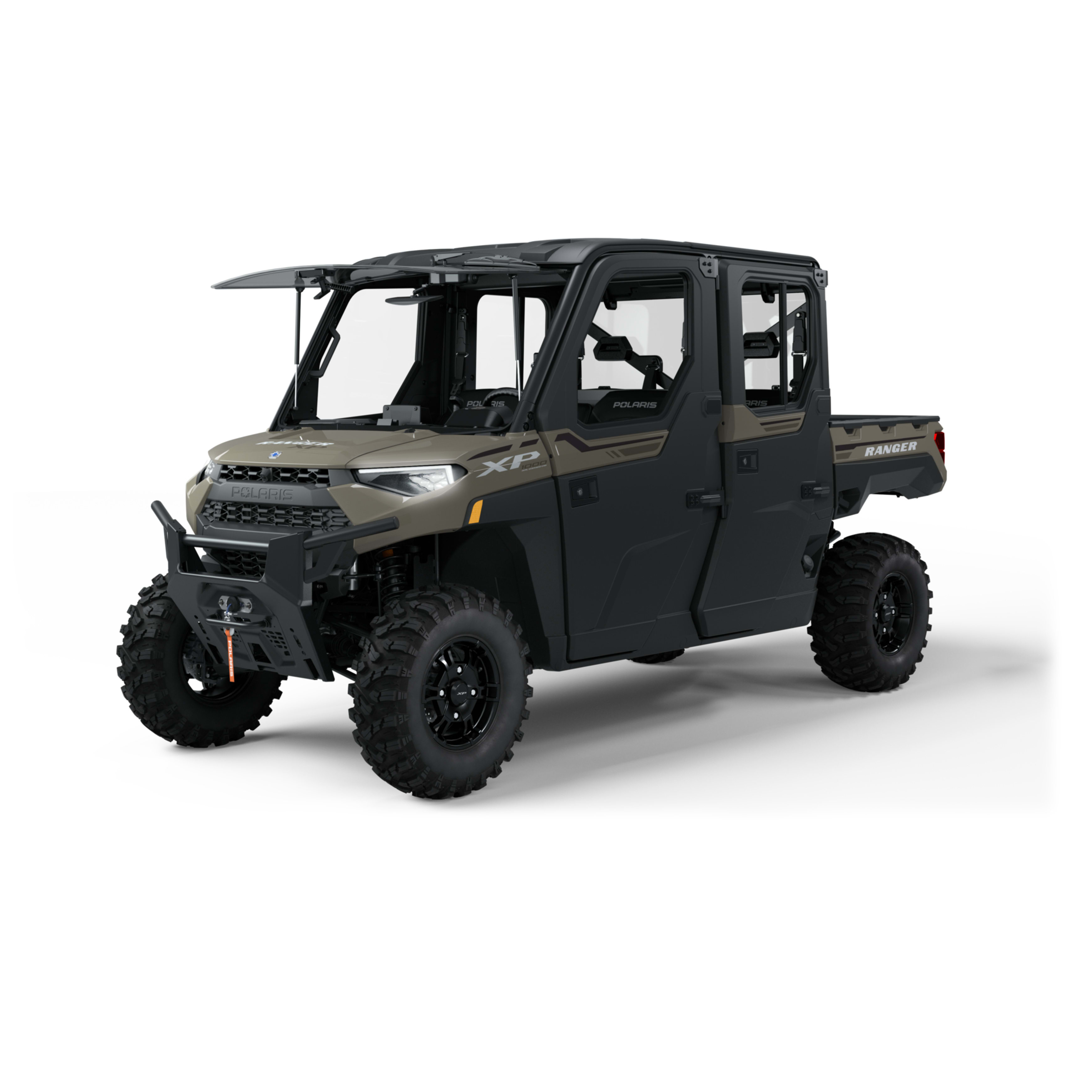 Polaris Ranger XP 1000 utility vehicle in dark gray with protective cab and cargo bed, designed for rugged use.