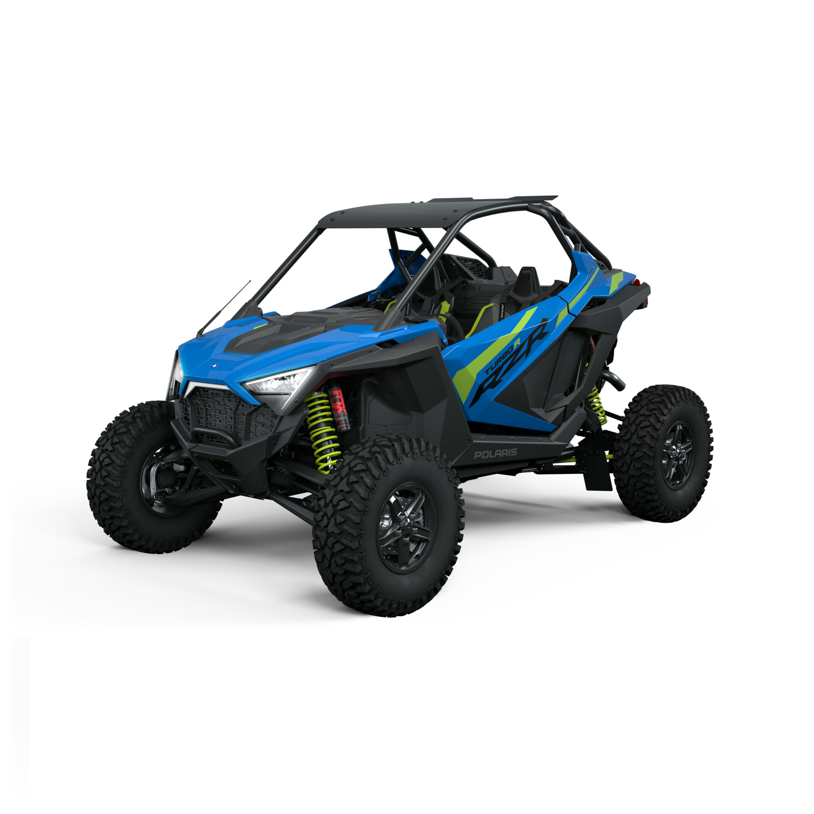 Vibrant blue and black Polaris RZR Turbo R with aggressive off-road tires, showcasing a sporty and rugged design for all-terrain use.