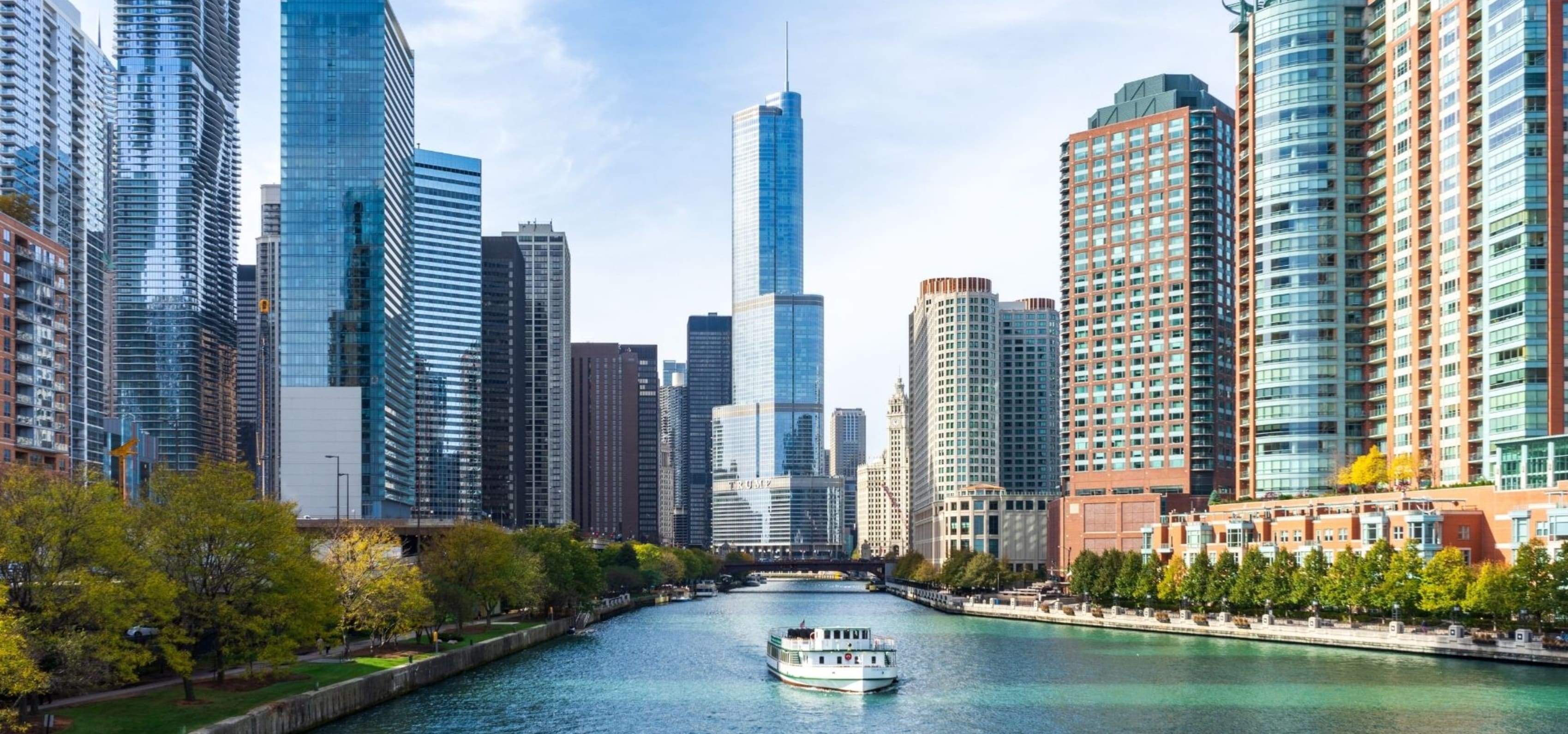 a boat on the Chicago River in the summer