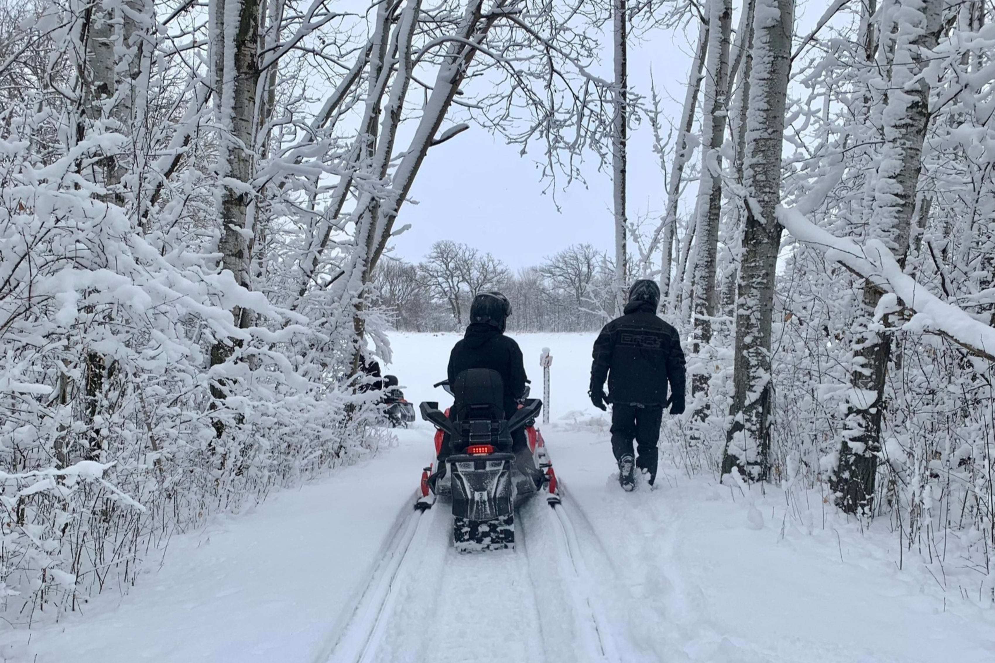 Two people exploring wooded snowmobile trail.